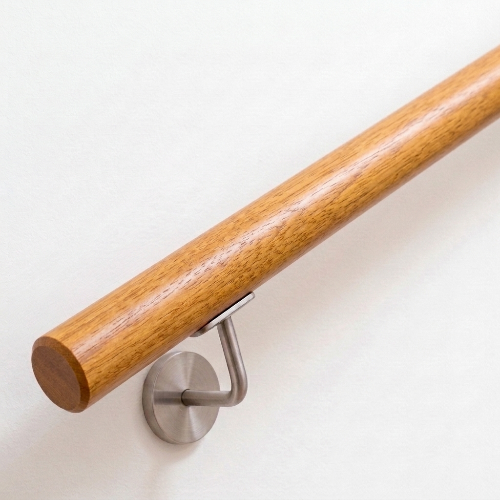 Corrimano rotondo in iroko, legno bruno dorato, supporto in acciaio inox su parete bianca, estremità dritta, vista dall'alto