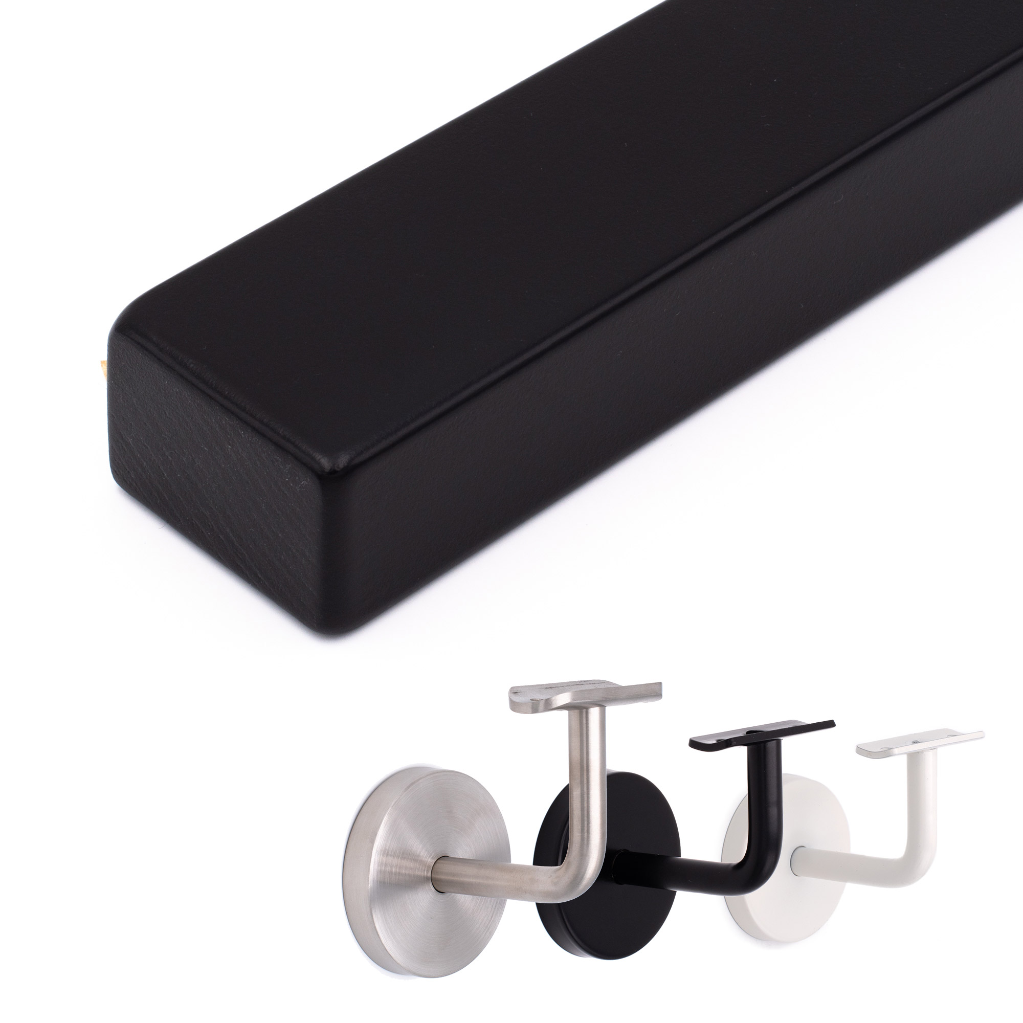 Corrimano rettangolare in faggio nero di piatto, spigoli arrotondati, con supporti per corrimano in inox, nero e bianco
