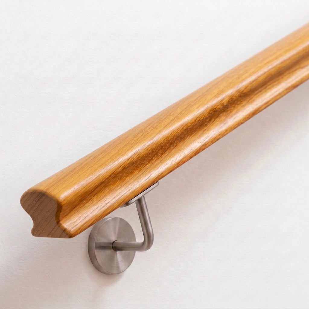 Corrimano Omega in iroko bruno dorato con sezione profilata, supporto in acciaio inox su parete bianca, estremità dritta