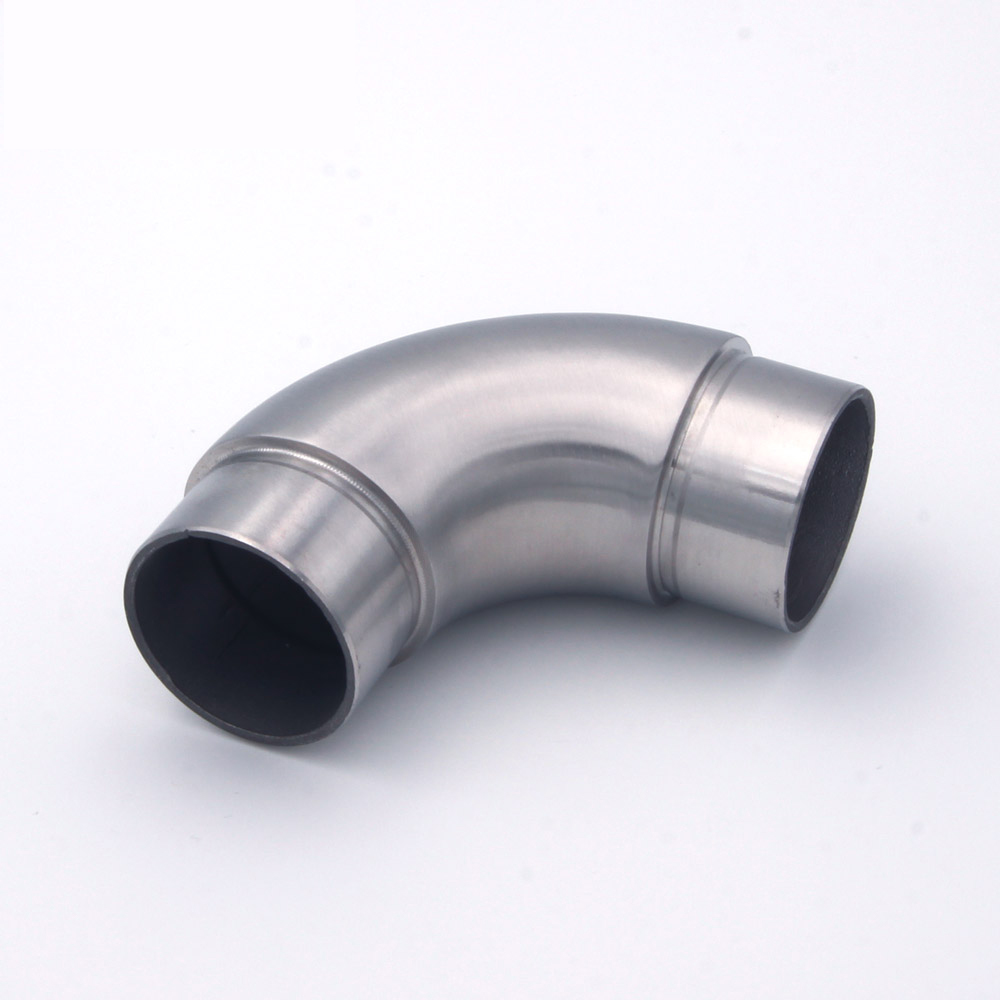 Curva a 90° arrotondata per corrimano in acciaio inossidabile Ø 42,4 mm, vista obliqua, innesto aperto davanti a sinistra