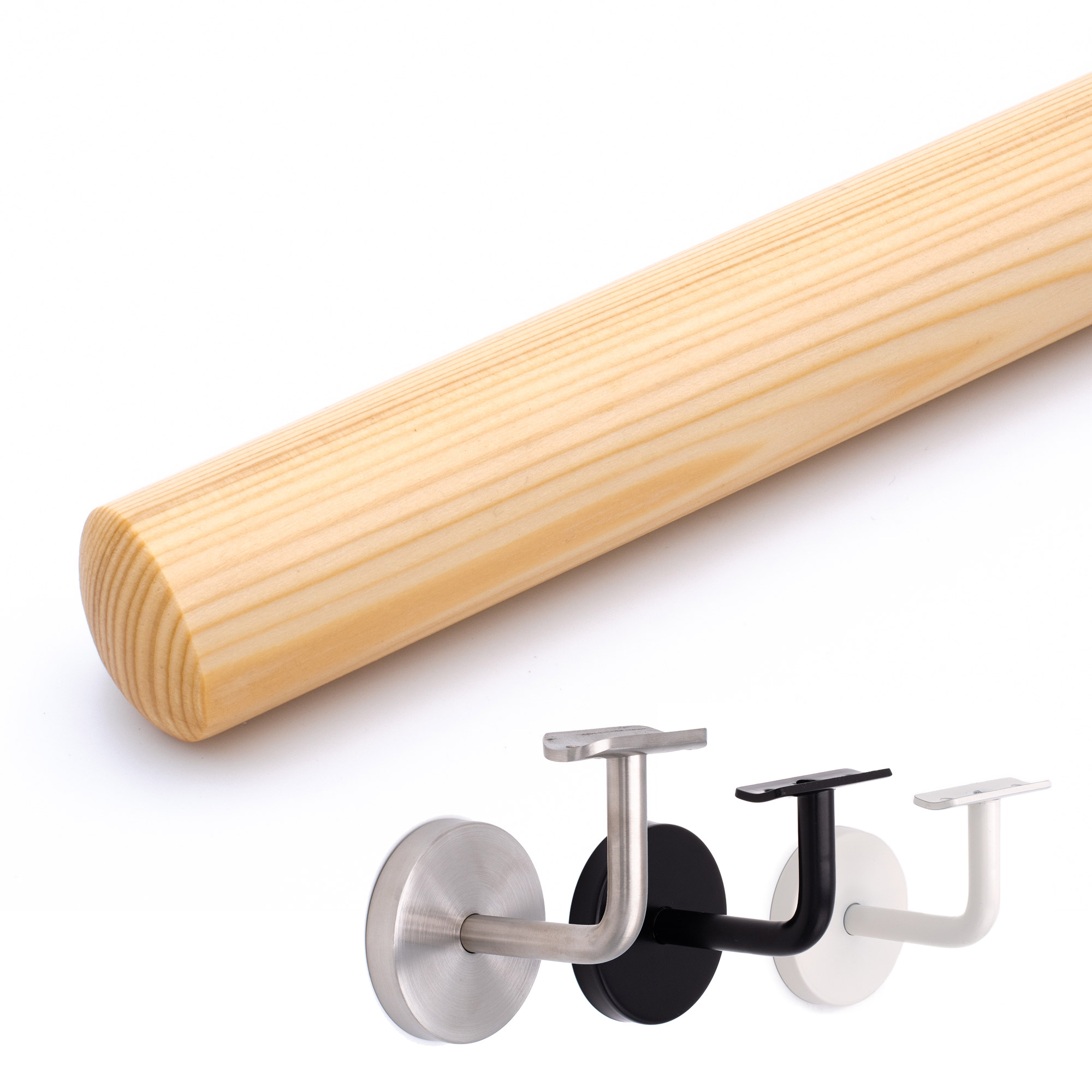 Corrimano rotondo in abete rosso/abete bianco naturale, accanto supporti per corrimano in acciaio inox, nero e bianco