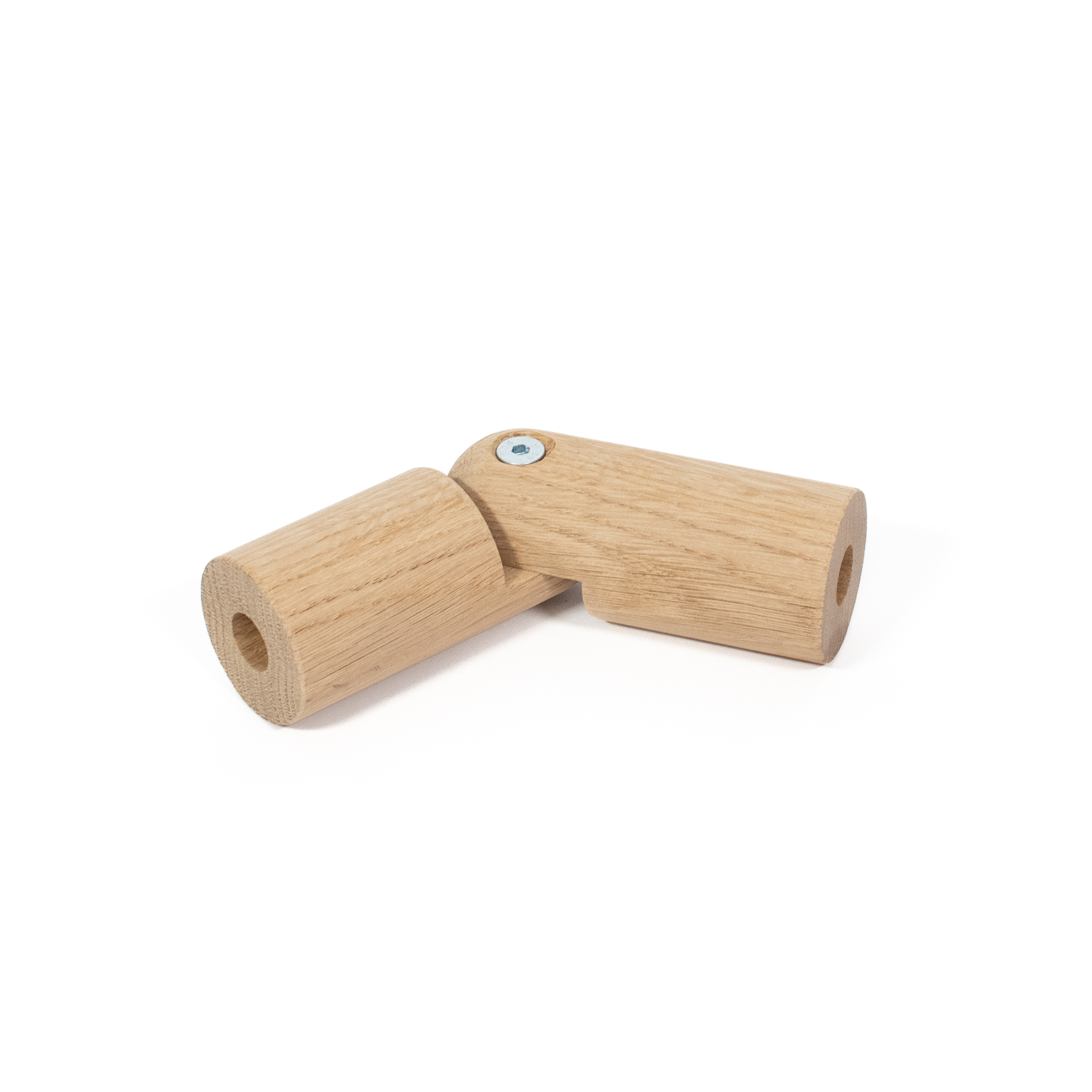 Raccordo ad angolo variabile in rovere Ø 42 mm per corrimano in legno, piegato a circa 120 gradi, vite dello snodo visibile