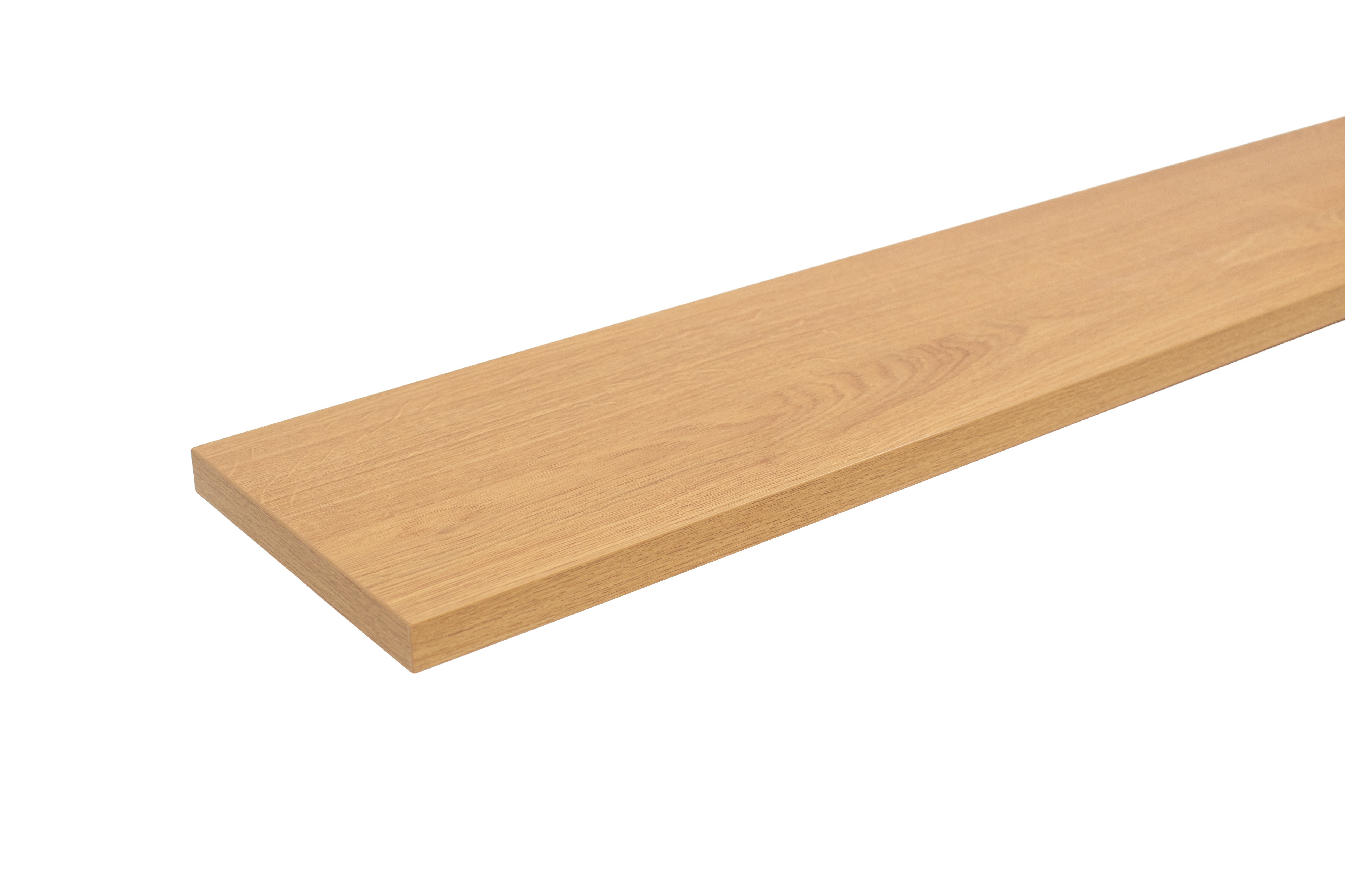 Davanzale in nobilitato effetto legno rovere, su sfondo bianco in vista laterale radente con testata visibile