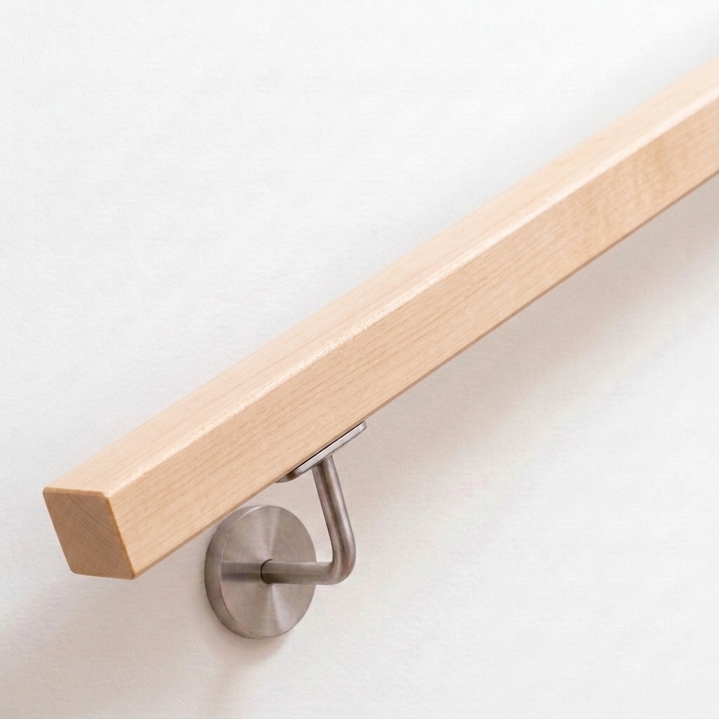 Corrimano in acero a sezione quadrata su parete bianca con supporto in acciaio inox, legno chiaro naturale, vista obliqua