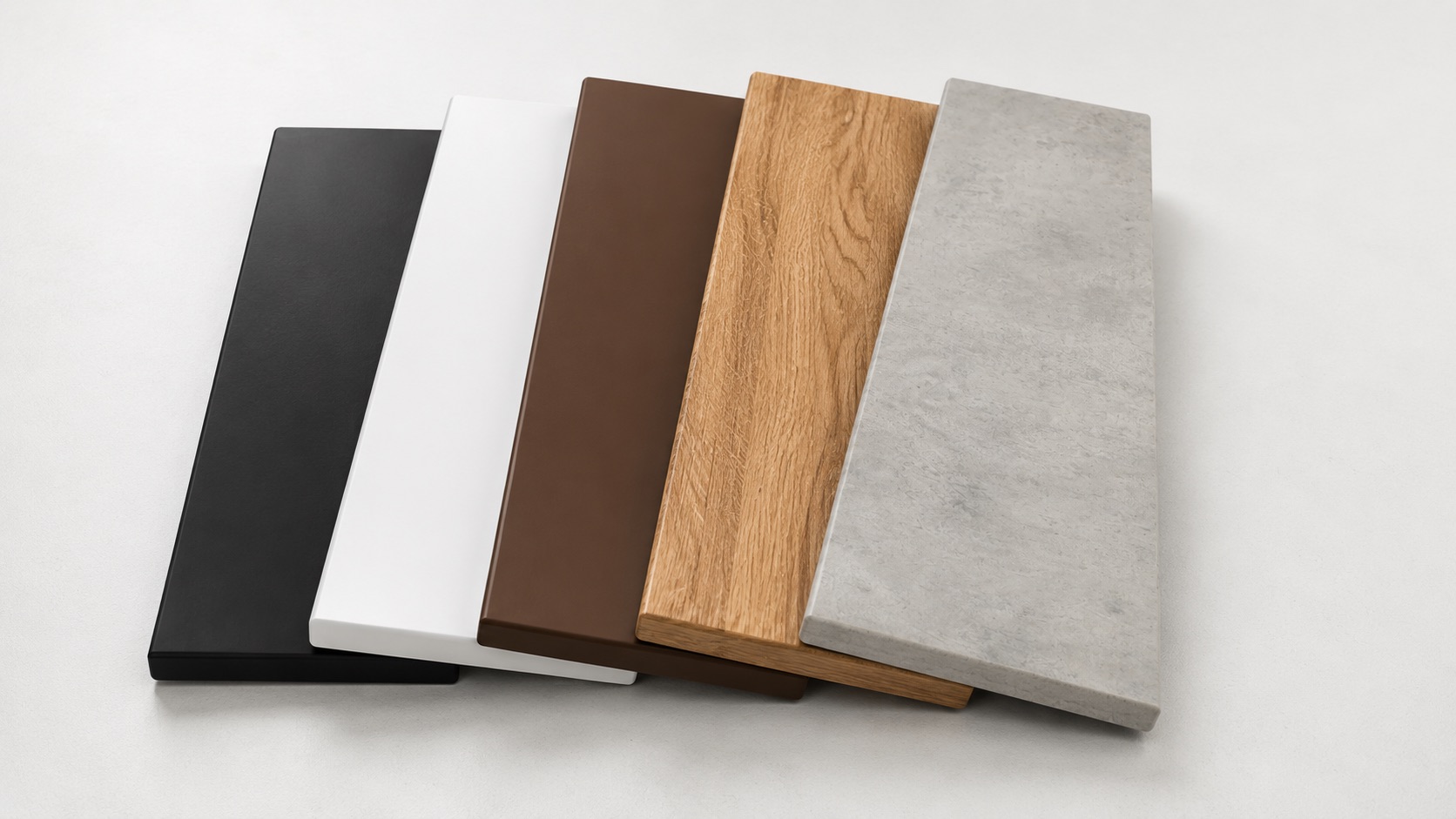 Davanzali in nobilitato, cinque decori a ventaglio: nero, bianco, marrone scuro, rovere ed effetto pietra grigio chiaro
