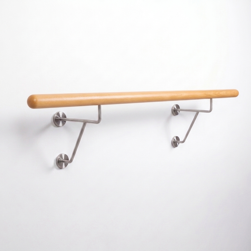 Sbarra da danza in faggio rotonda con due supporti doppi a parete in acciaio inox, legno rossastro chiaro, su sfondo bianco