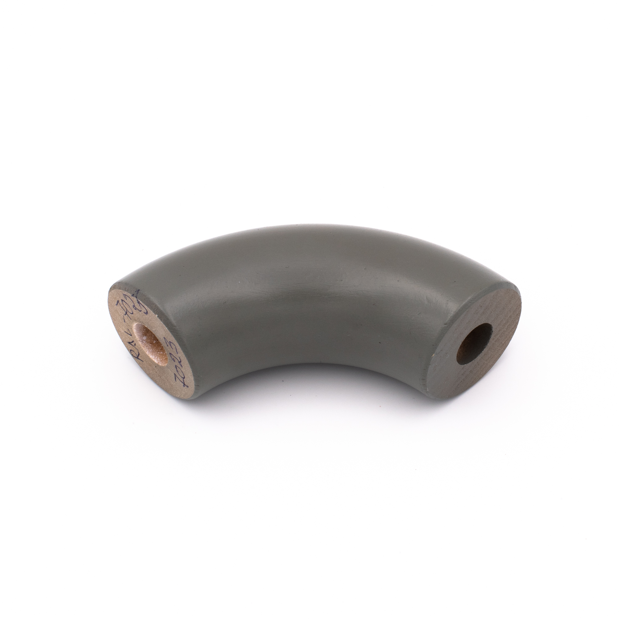 Curva per corrimano rotondo in faggio verniciato grigio, curvata a 90°, testate con foro per tassello, su sfondo bianco