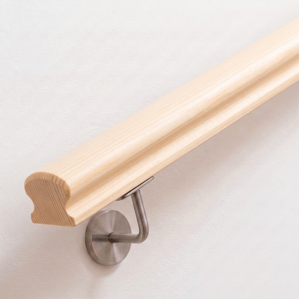 Corrimano Omega in abete rosso chiaro, sezione profilata, supporto in acciaio inox su parete bianca, estremità dritta