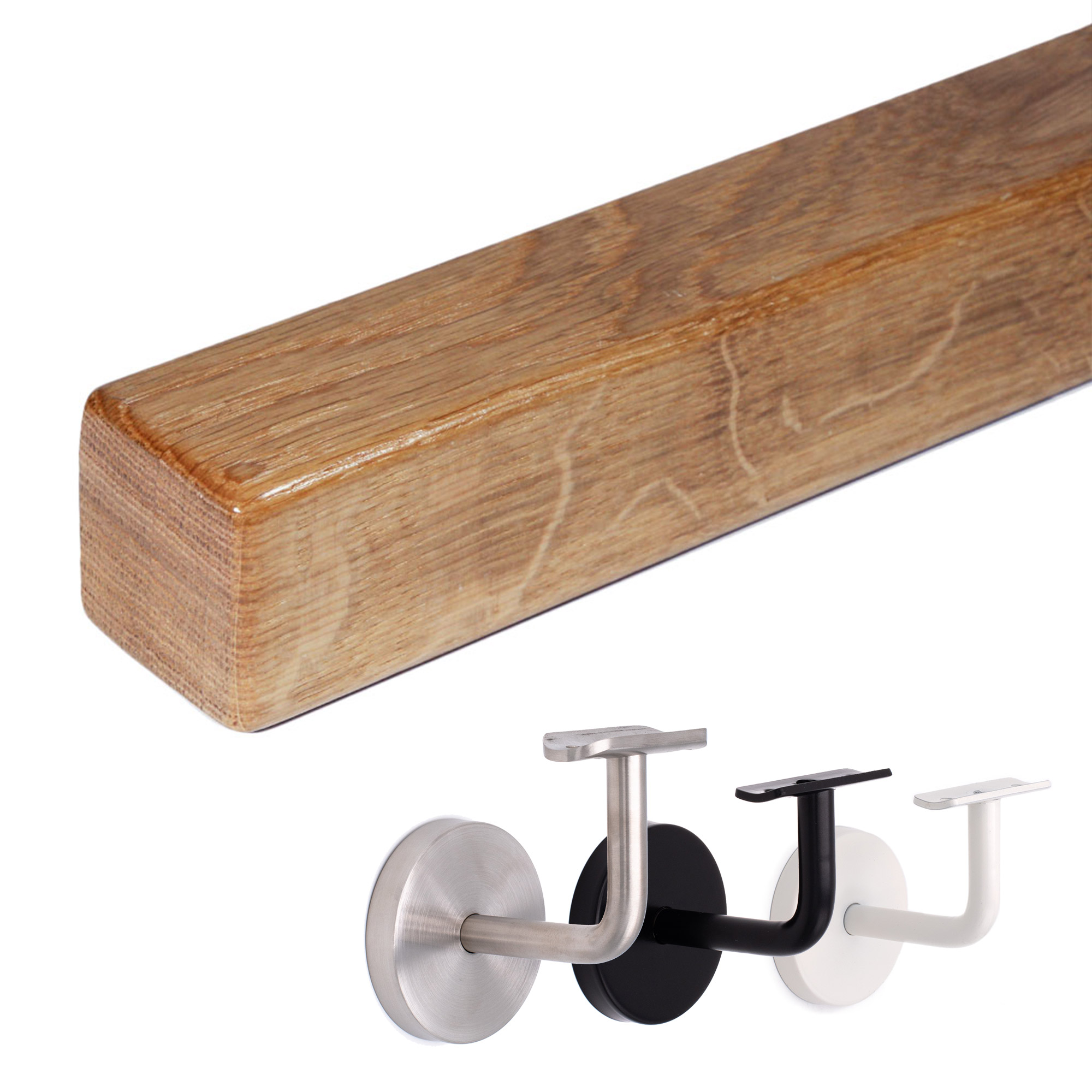 Corrimano quadrato in rovere, corrimano in legno a sezione quadrata, accanto supporti per corrimano in inox, nero e bianco