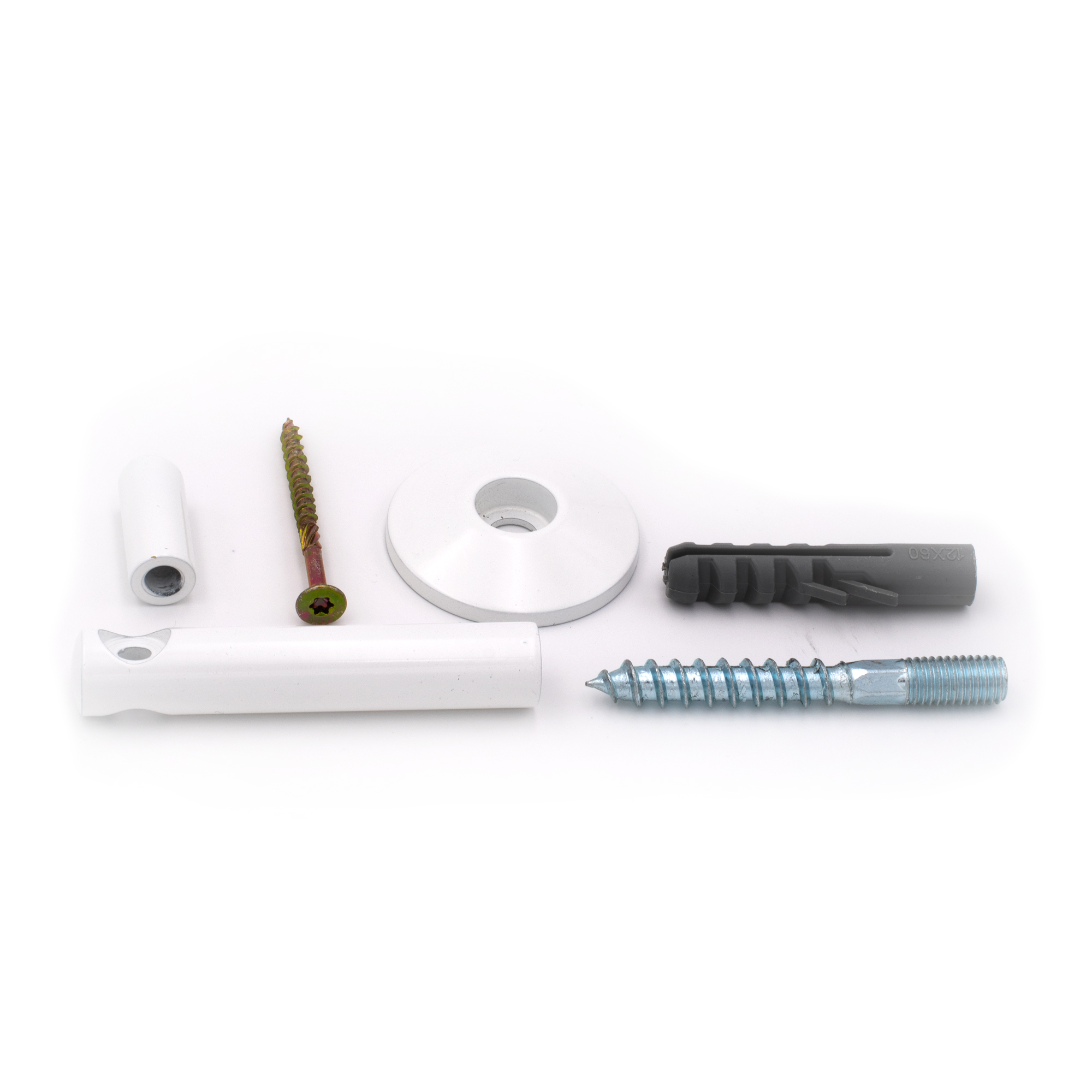 Supporto per corrimano modello 05 bianco, parti: tubo, rosetta conica, distanziale, prigioniero, tassello e vite per legno
