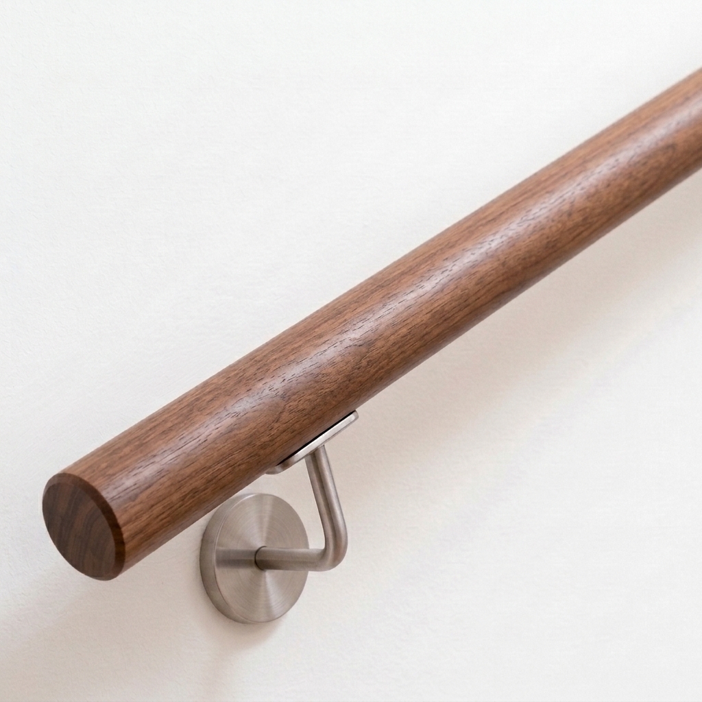 Corrimano rotondo in noce, legno bruno scuro, supporto in acciaio inox su parete bianca, estremità dritta, vista obliqua
