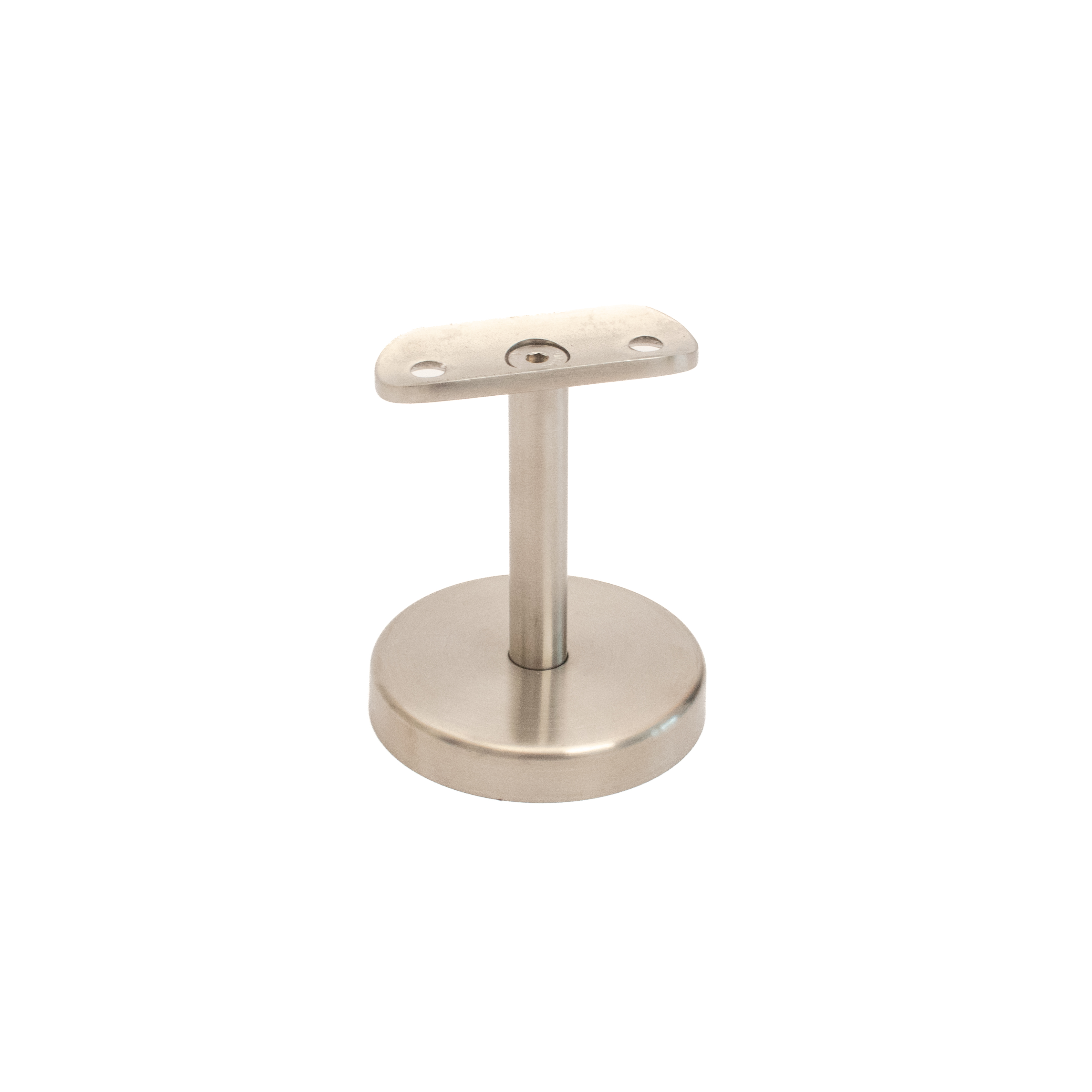 Supporto per corrimano modello 06 corto inox, supporto a 3 punti con base rotonda, perno corto e piastra bombata