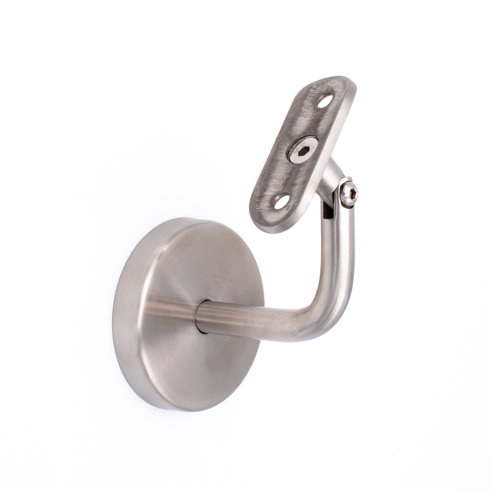 Supporto per corrimano modello 04 inox con snodo e piastra bombata, a parete con rosetta rotonda per corrimano in legno