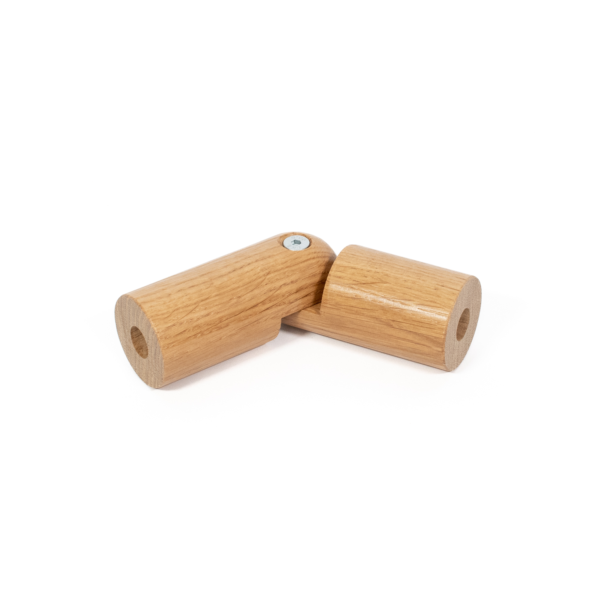 Raccordo ad angolo variabile in rovere Ø 42 mm per corrimano in legno, piegato a 90 gradi, vite dello snodo visibile