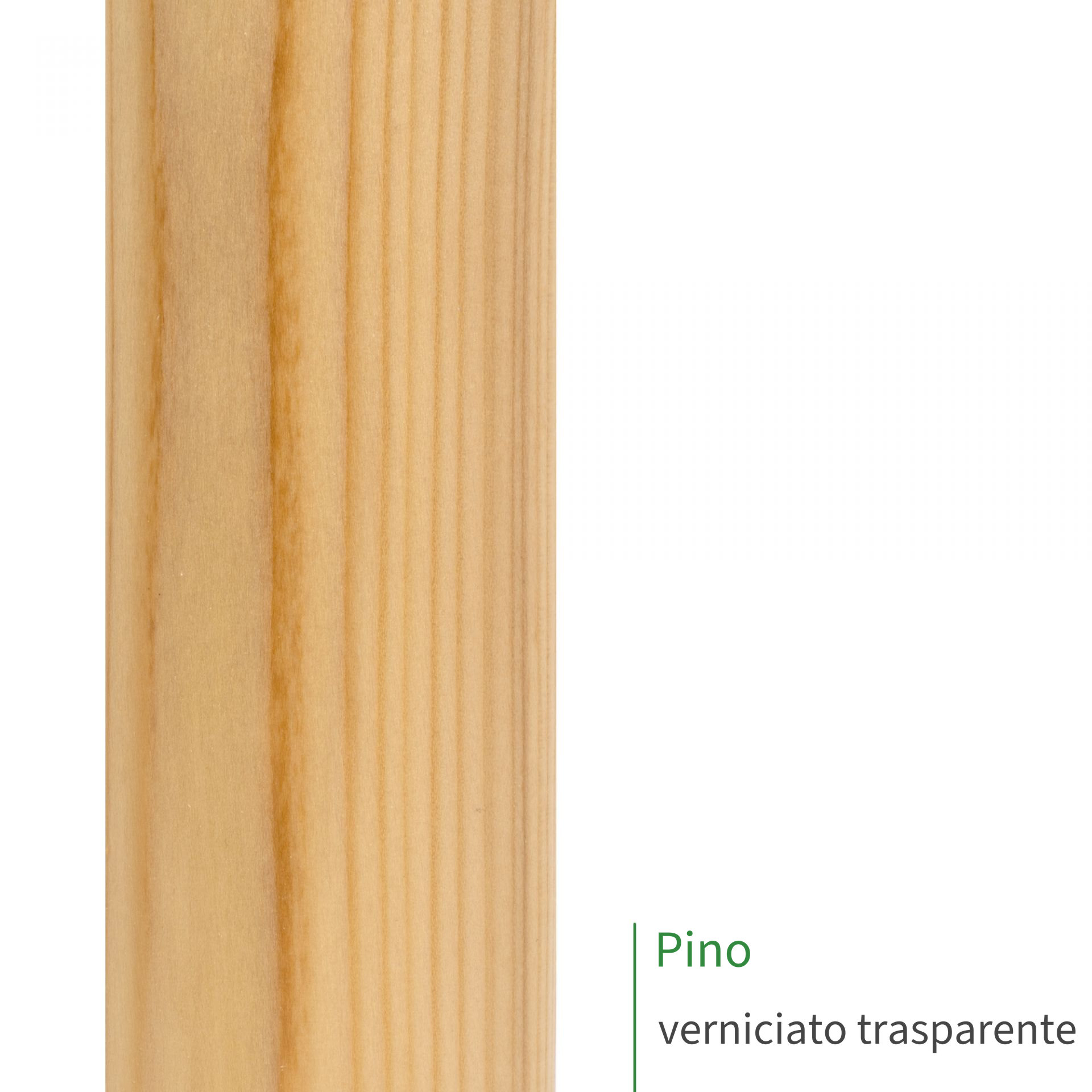 Corrimano in pino verniciato trasparente, primo piano della superficie con venatura a righe e tonalità giallo chiaro