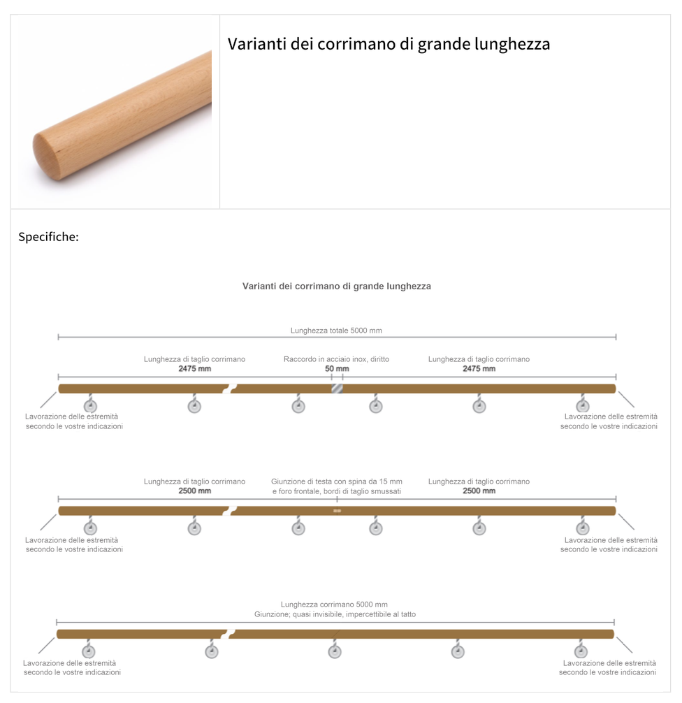 Scheda tecnica corrimano extralunghi: schizzo 5000 mm con raccordo in acciaio inox, giunto a spine o giunzione obliqua