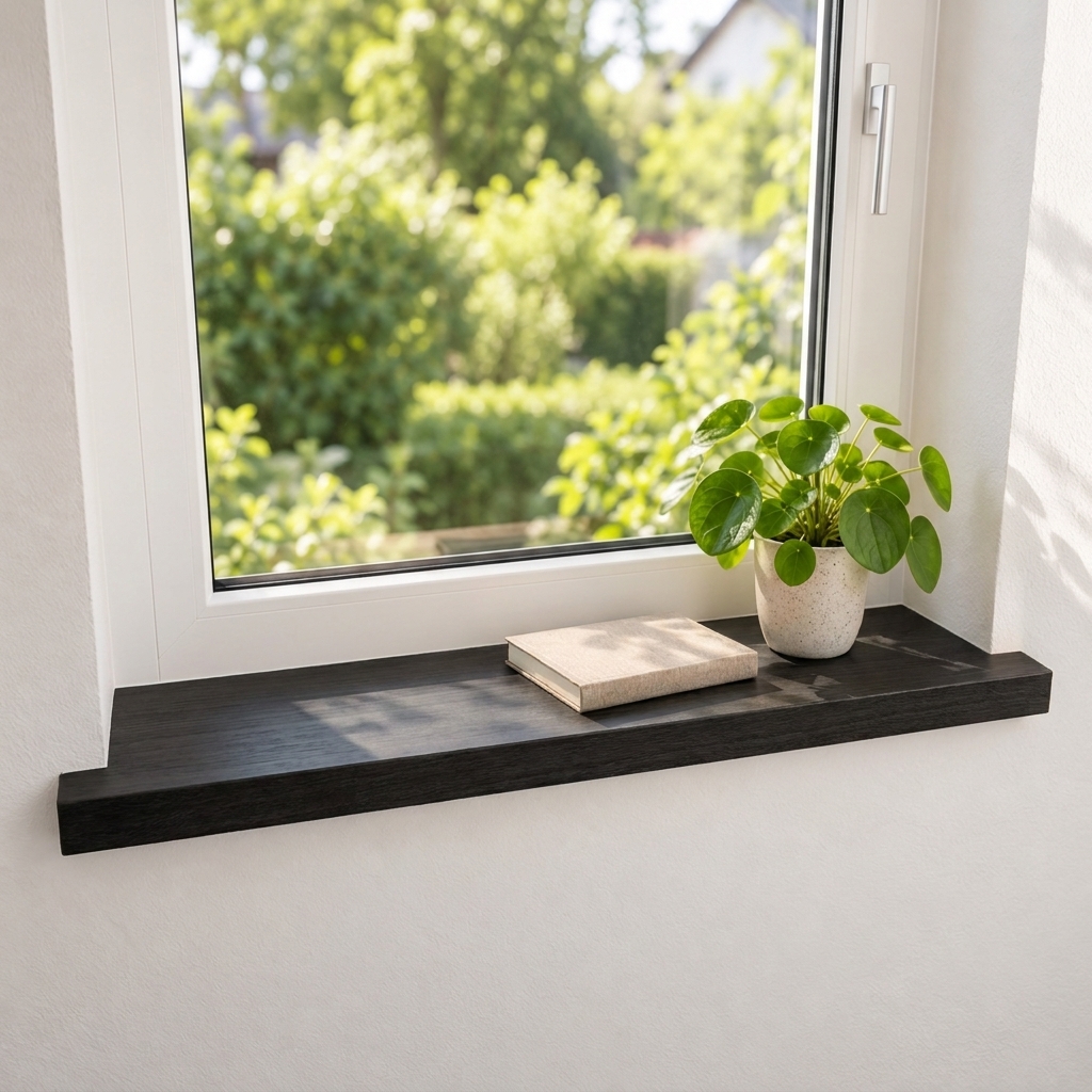 Davanzale per ristrutturazione in faggio tinto di nero, legno massello, finestra bianca sul giardino, pilea in vaso bianco