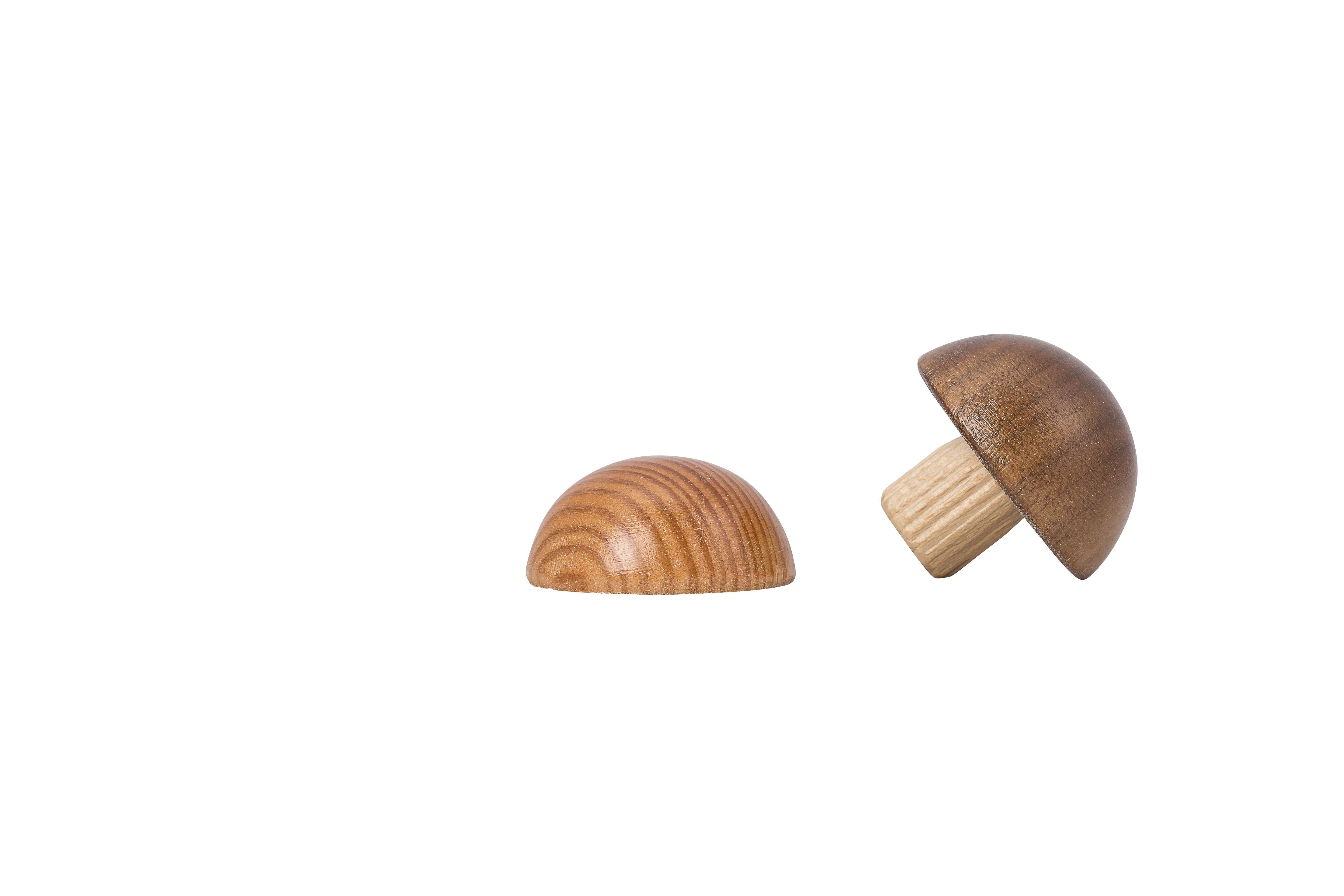 Tappo terminale in larice per corrimano in legno, due semisfere con anelli annuali, una con tassello inserito, Ø 40 - 50 mm