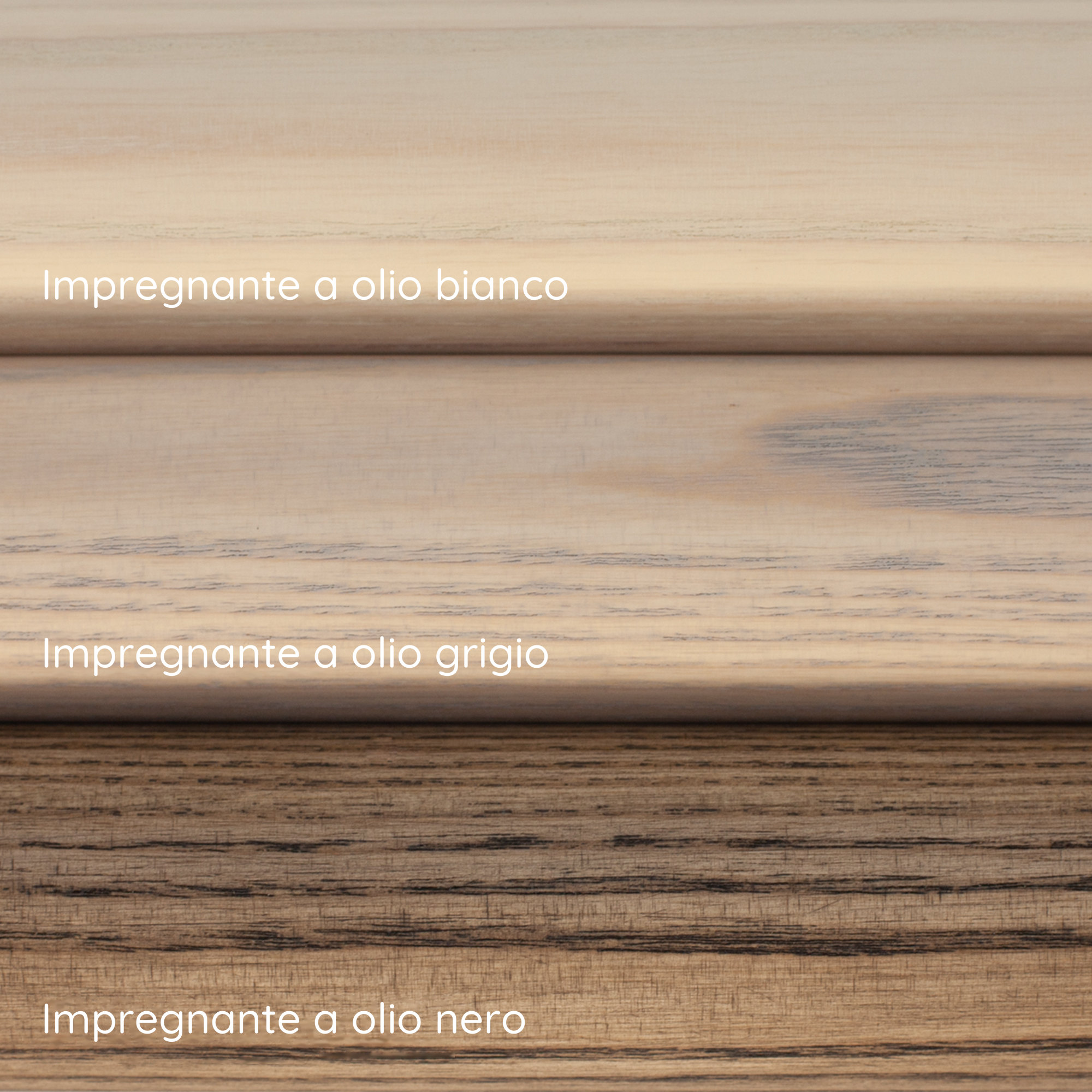 Corrimano in frassino: tre campioni con impregnante a olio bianco, grigio e nero, superficie del legno con venatura