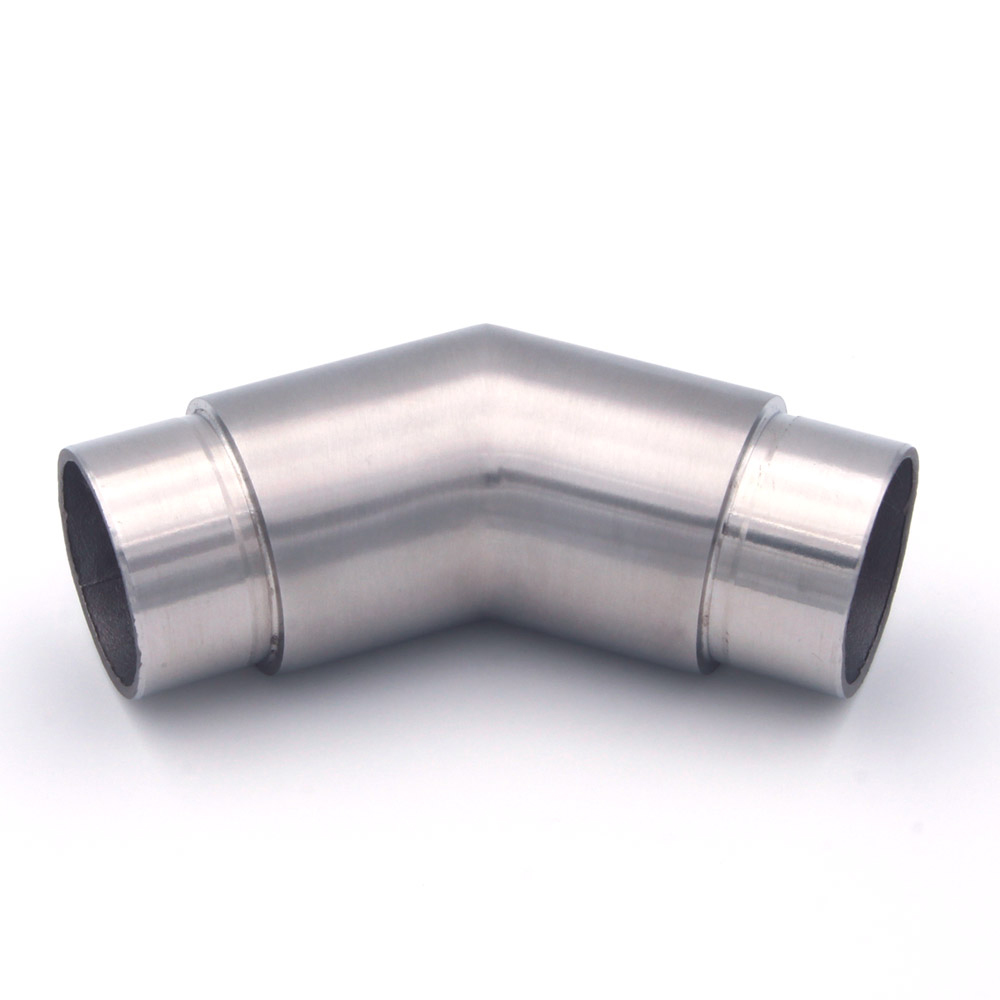 Curva angolare a 45° per corrimano in acciaio inossidabile Ø 42,4 mm, spazzolata con due boccole a innesto, sfondo bianco