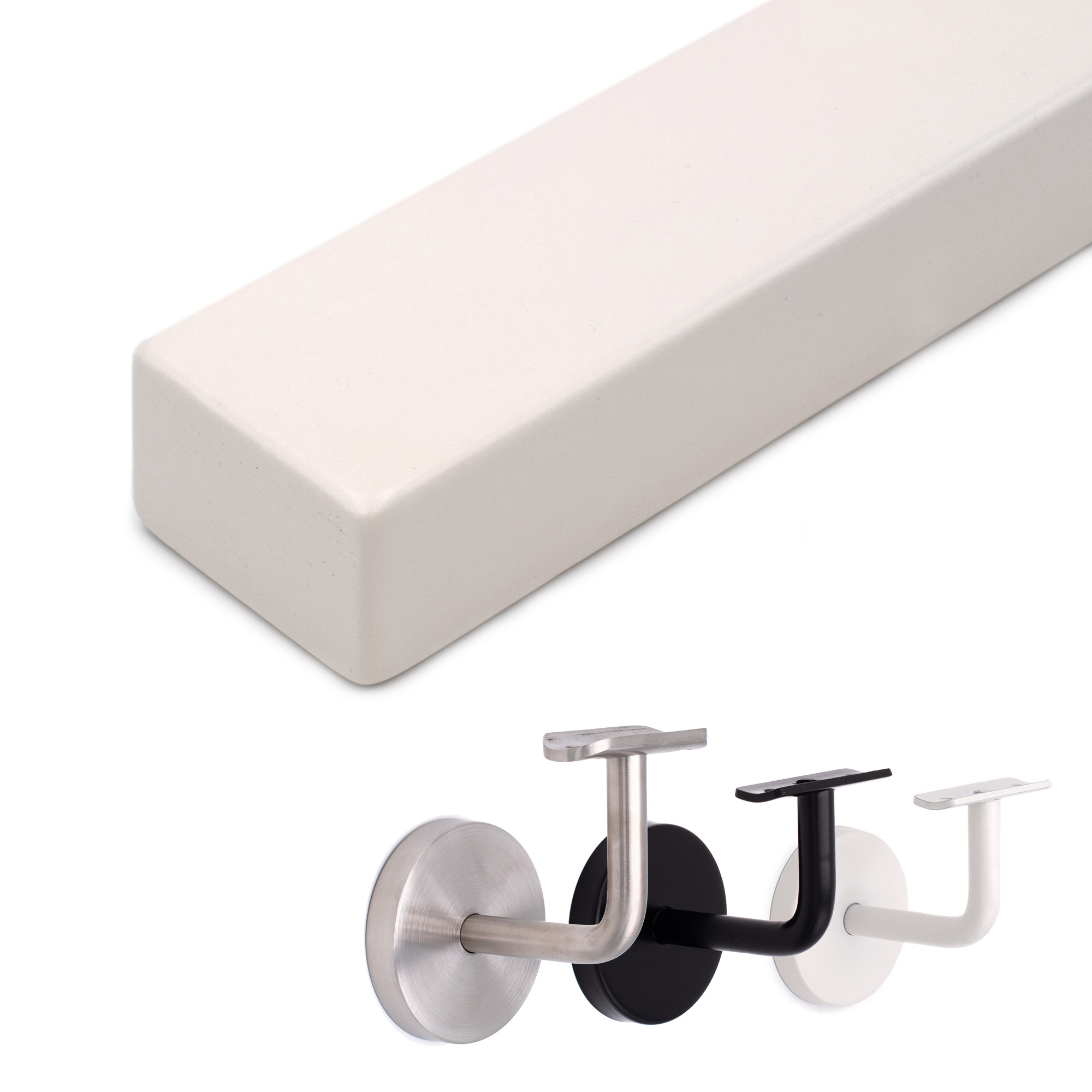 Corrimano rettangolare in faggio bianco di piatto, spigoli arrotondati, con supporti per corrimano in inox, nero e bianco