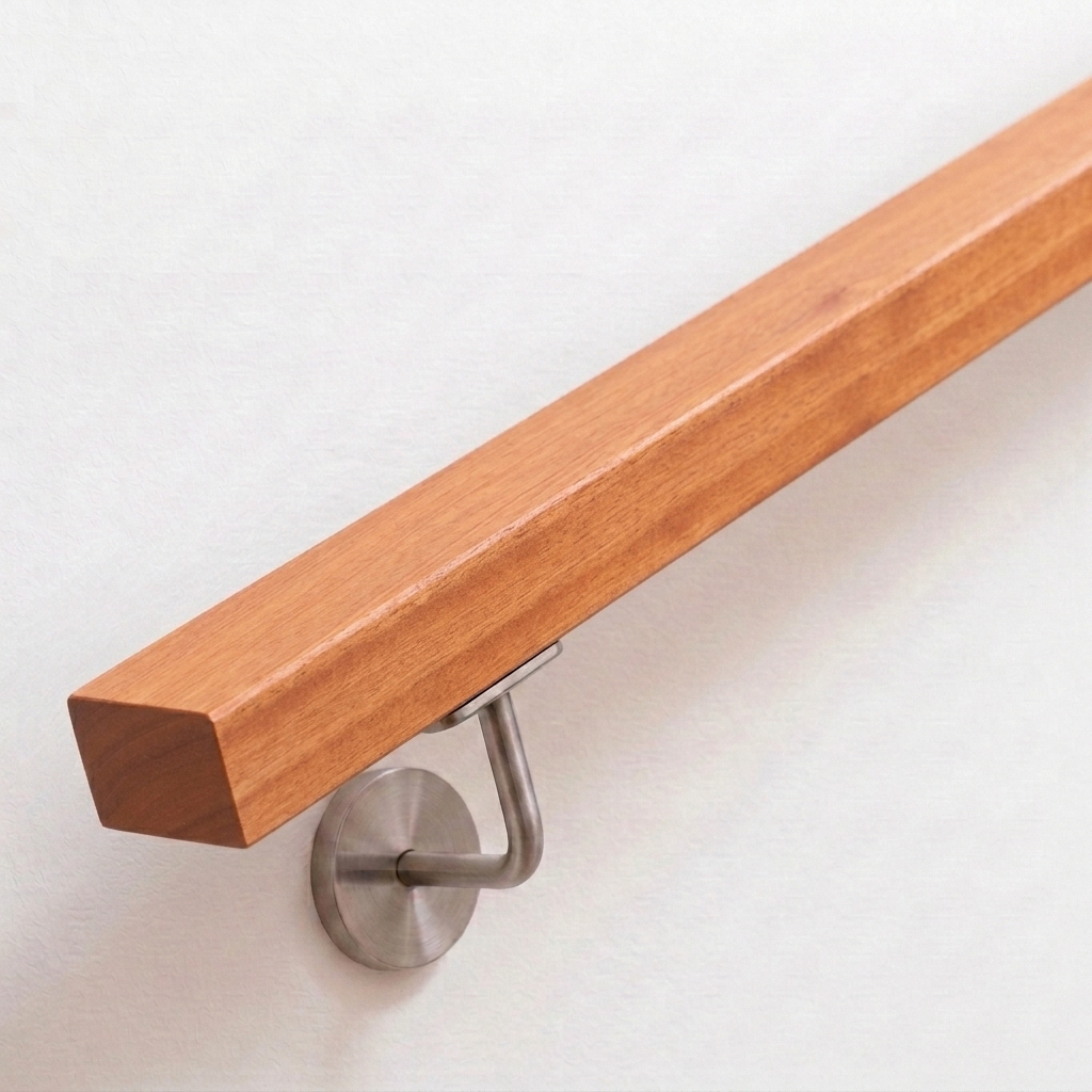 Corrimano rettangolare in ciliegio, legno rossastro caldo, supporto in acciaio inox su parete bianca, estremità dritta