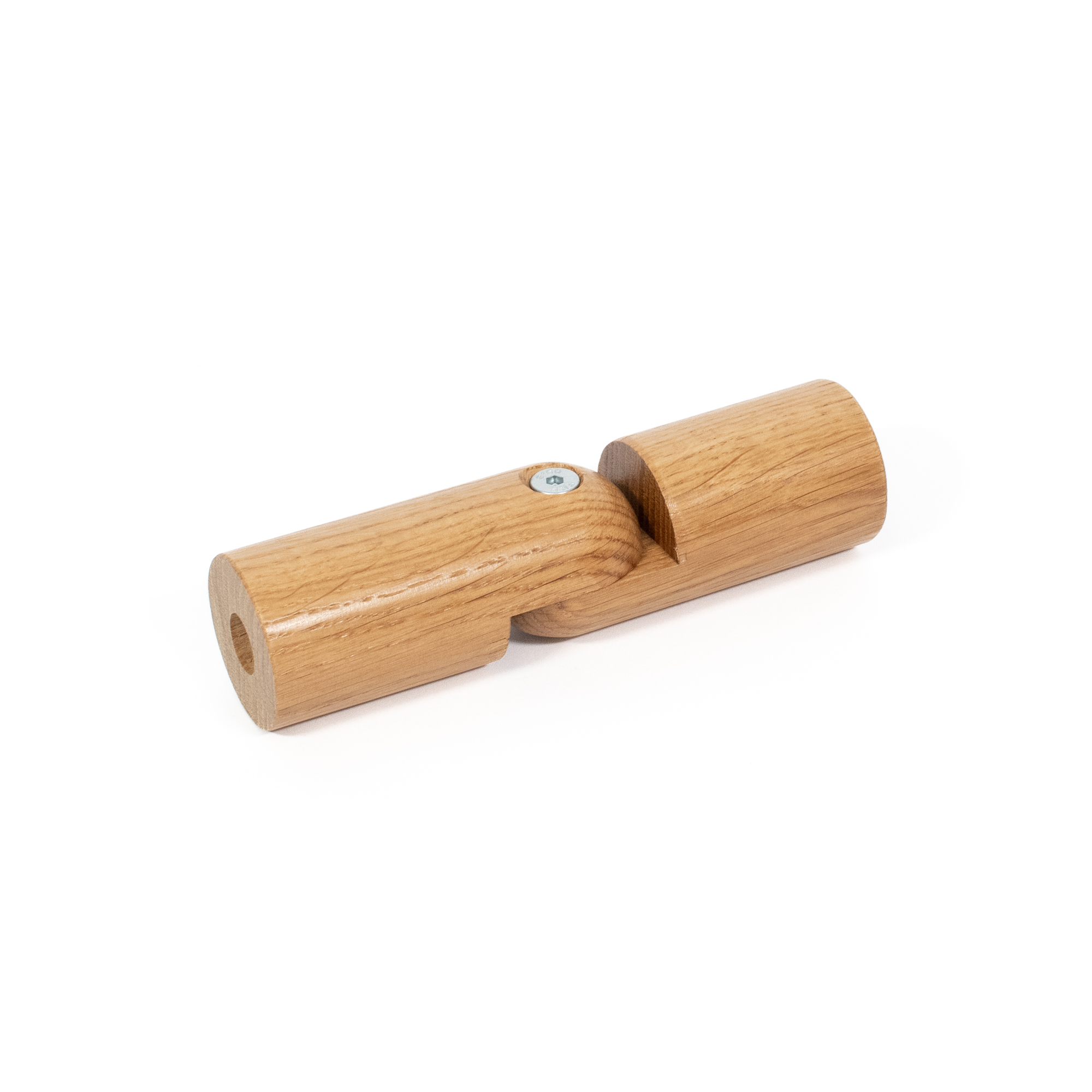 Raccordo ad angolo variabile in rovere Ø 42 mm per corrimano in legno, disteso a 180 gradi, snodo con vite, visto dall'alto