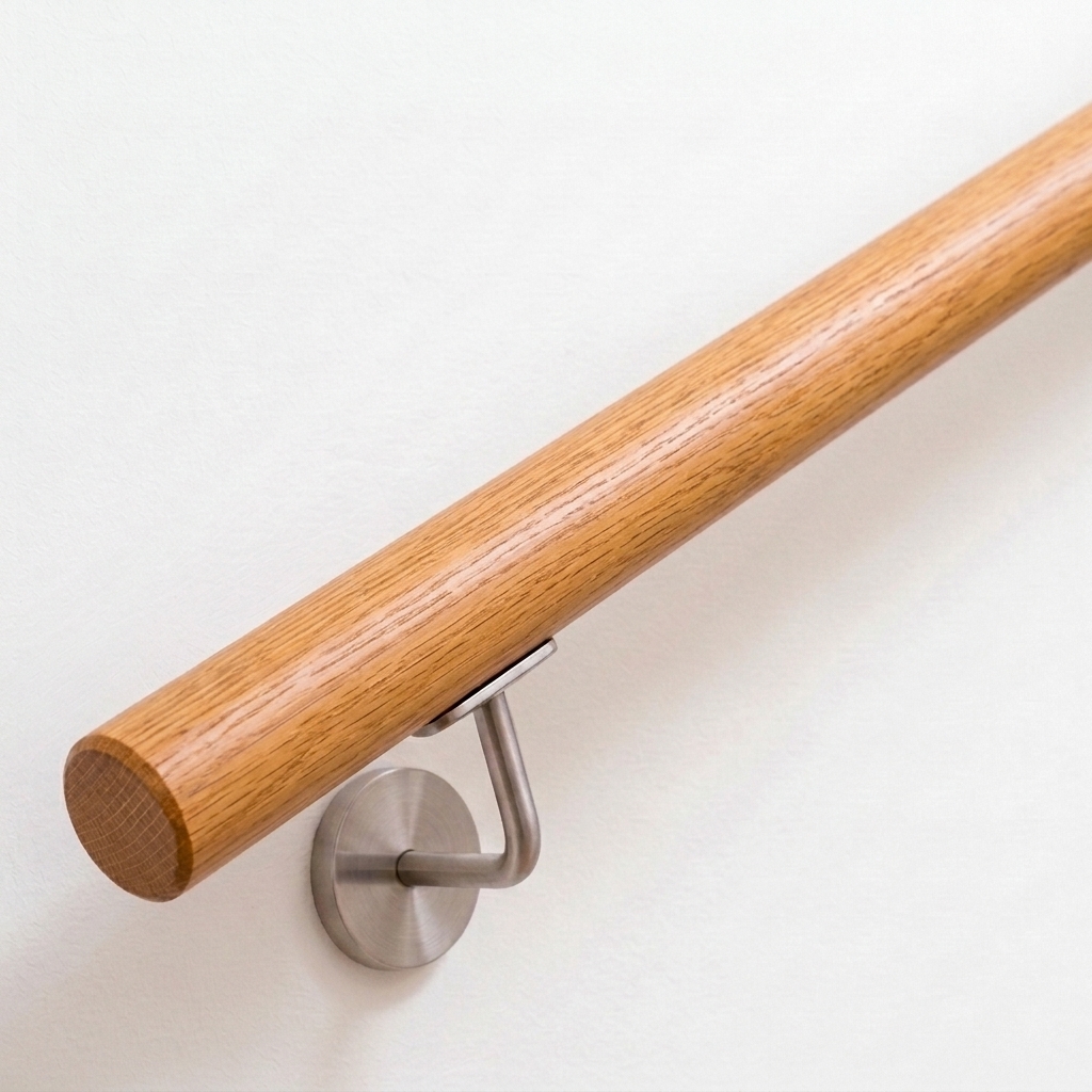 Corrimano rotondo in rovere rosso, venatura bruno-rossastra, supporto in acciaio inox su parete bianca, estremità dritta