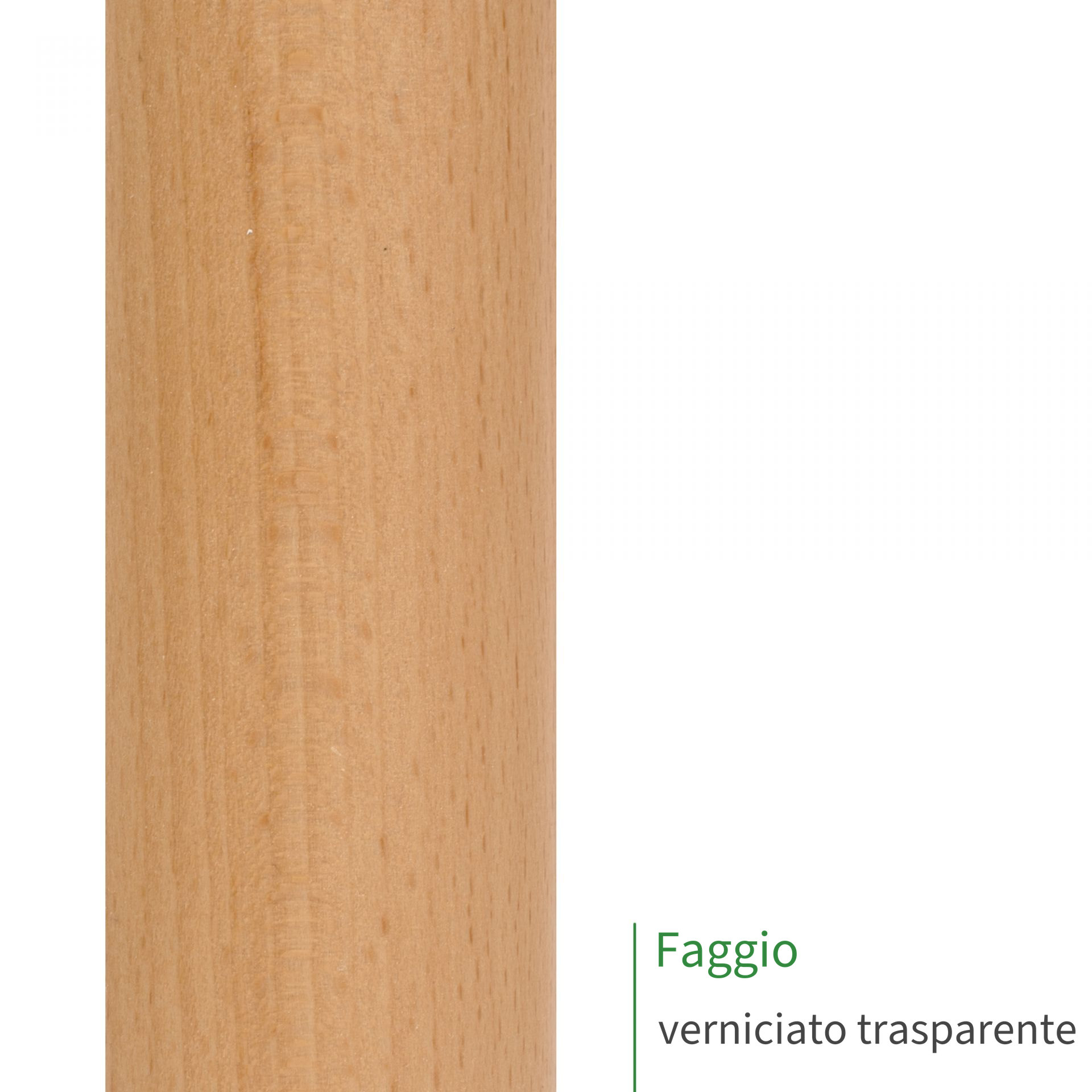 Corrimano in faggio verniciato trasparente, primo piano della superficie del legno con venatura fine e tonalità chiara