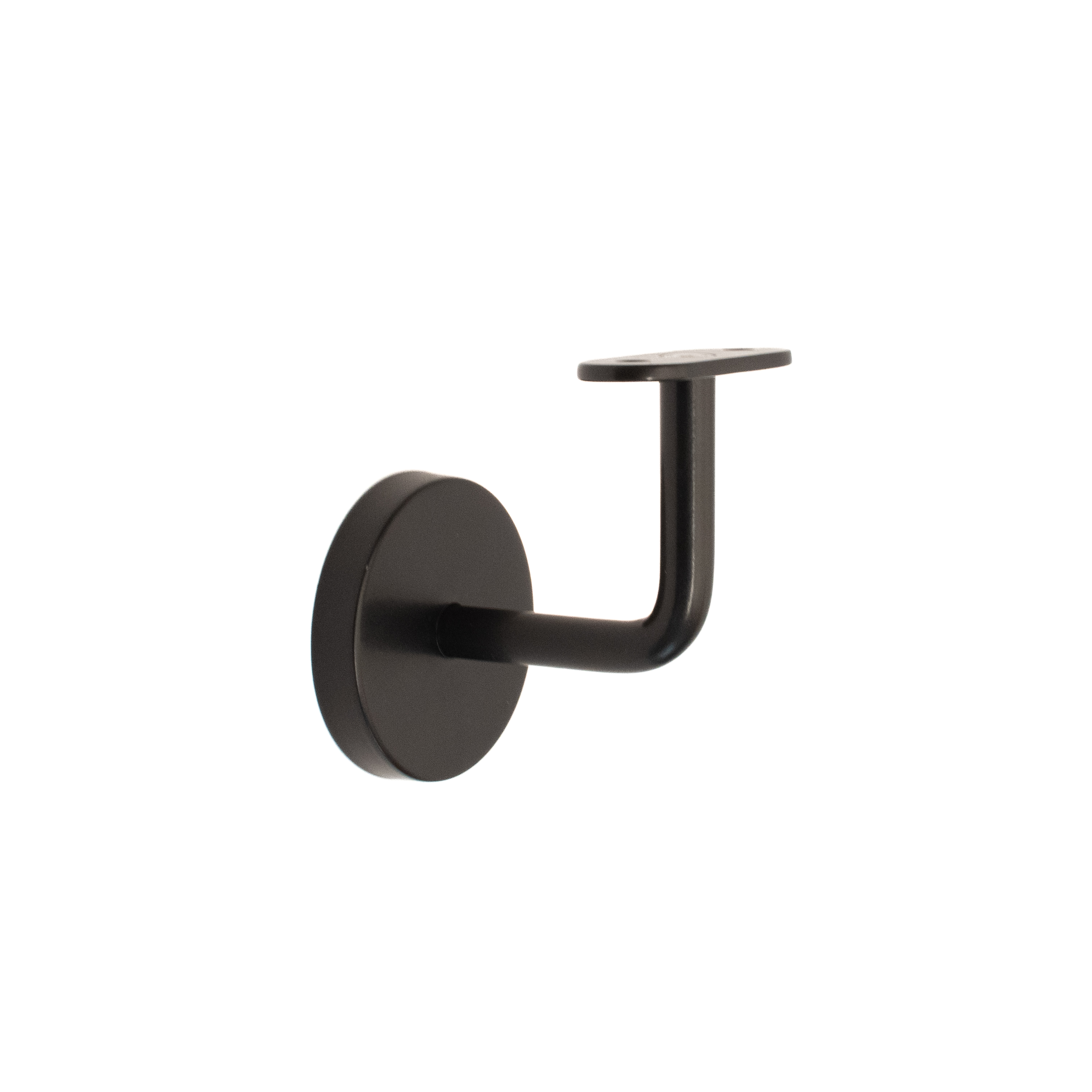 Supporto per corrimano modello 02 nero, piastra diritta, rosetta rotonda e braccio curvo, a parete per corrimano in legno