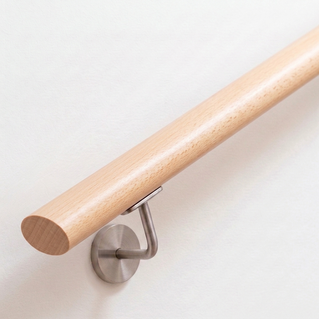 Corrimano ovale in faggio su parete bianca con supporto in acciaio inox, legno chiaro rossastro naturale, vista obliqua