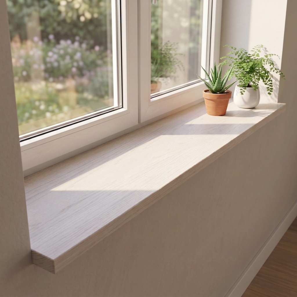 Davanzale in rovere tinto bianco, lamelle continue, sotto finestra sul giardino, venatura chiara, due piante in vaso