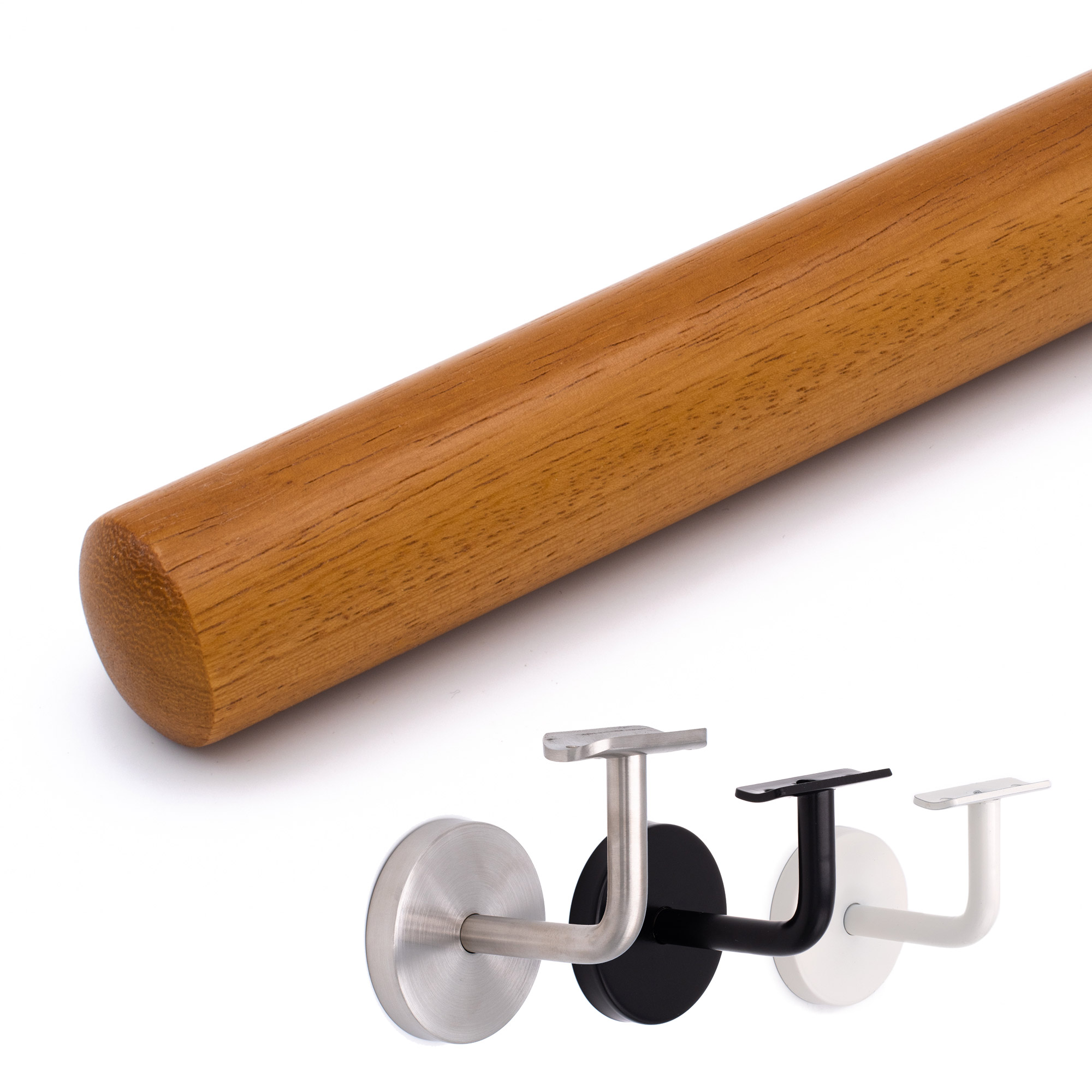 Corrimano rotondo in iroko con estremità diritta, sotto tre supporti a parete a scelta in acciaio inox, nero e bianco