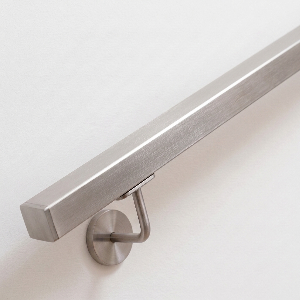 Corrimano in acciaio inossidabile a sezione quadrata con supporto inox, in diagonale su parete bianca, primo piano