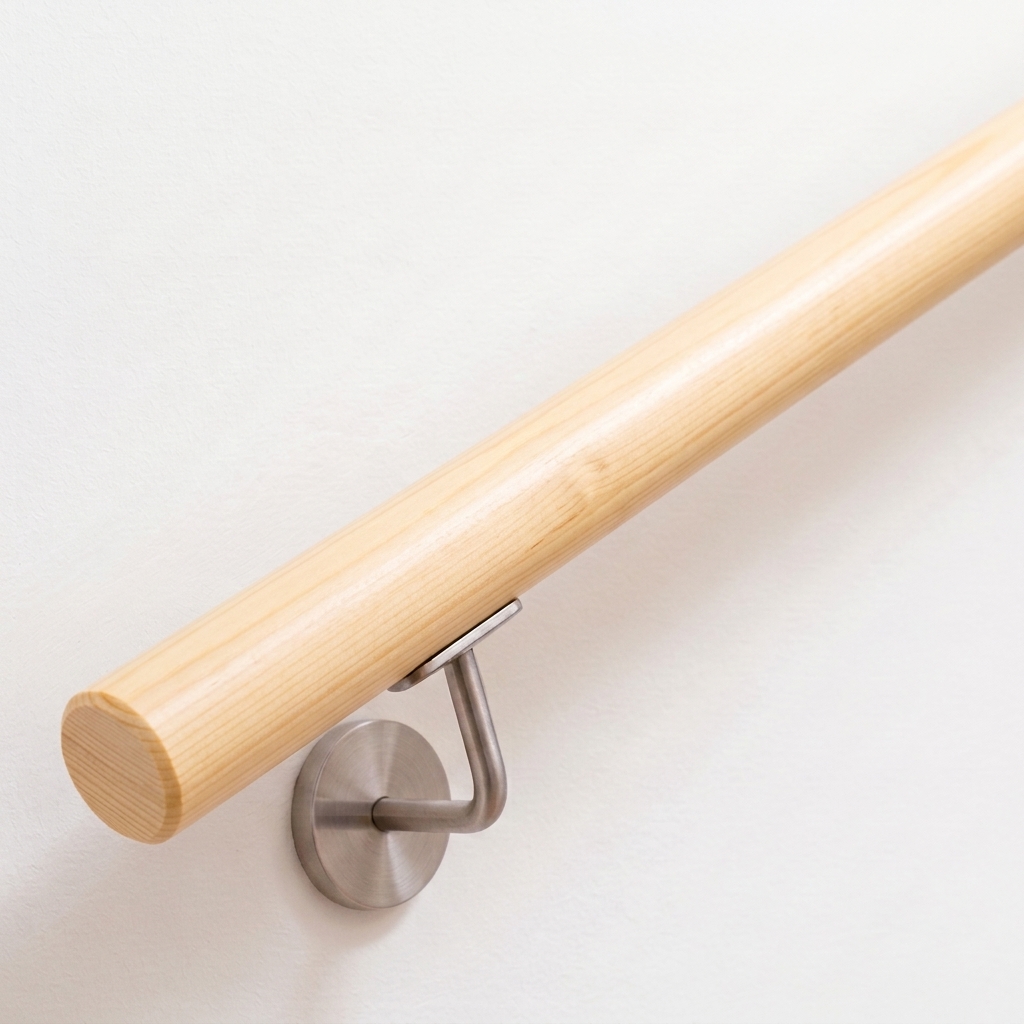 Corrimano rotondo in abete rosso/abete bianco, conifera chiara, supporto in acciaio inox su parete bianca, estremità dritta