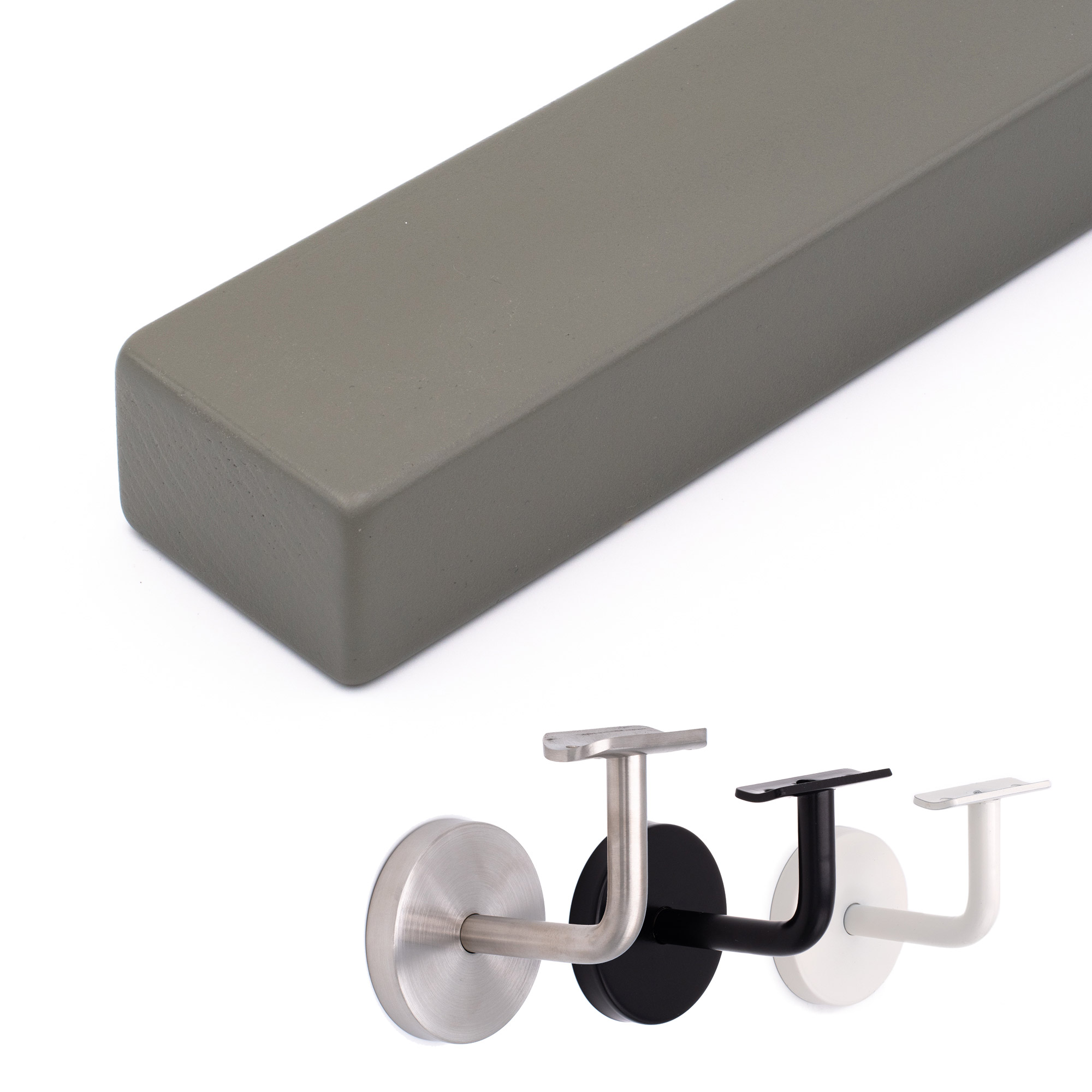 Corrimano rettangolare in faggio grigio di piatto, spigoli arrotondati, con supporti per corrimano in inox, nero e bianco