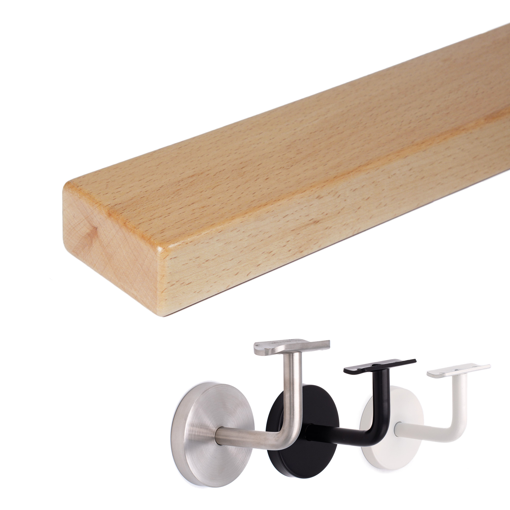 Corrimano rettangolare in faggio, legno chiaro di piatto, spigoli arrotondati, con supporti in inox, nero e bianco