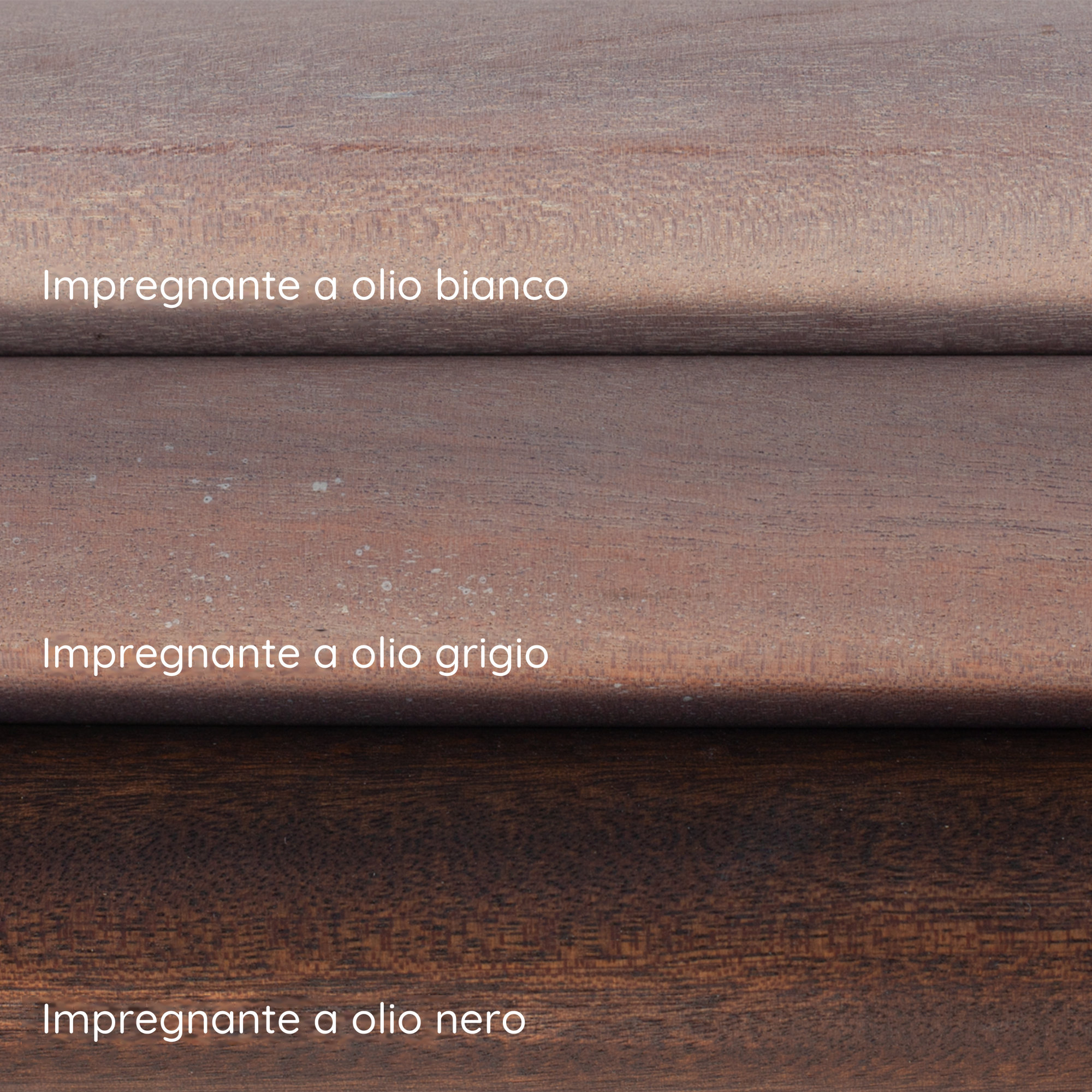 Corrimano in mogano: tre campioni con impregnante a olio bianco, grigio e nero, superficie del legno con venatura