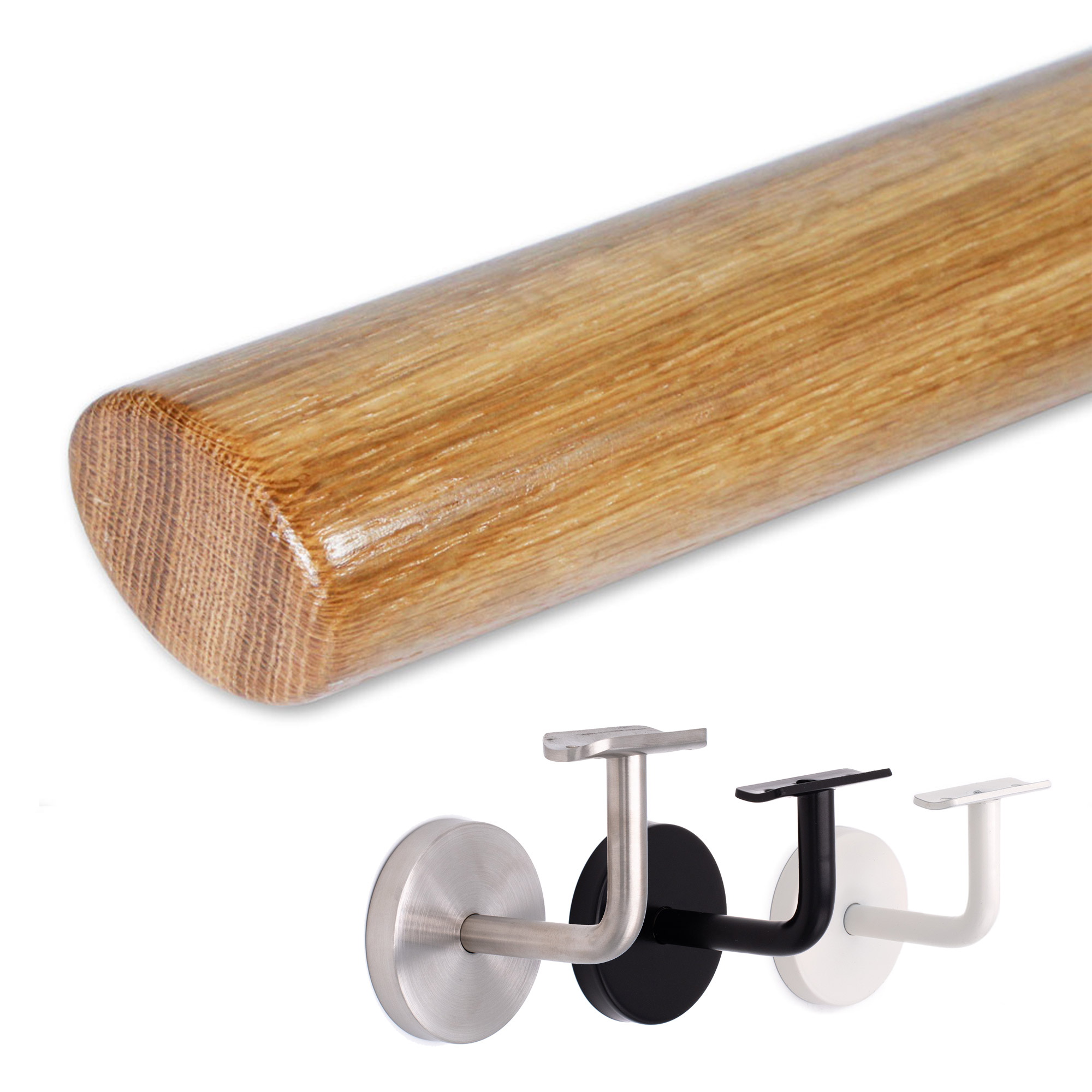Corrimano ovale in rovere, corrimano in legno a profilo ovale, accanto supporti per corrimano in inox, nero e bianco