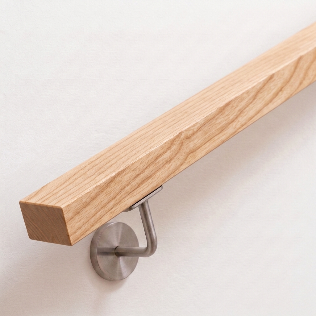 Corrimano rettangolare in frassino, legno chiaro con venatura, supporto in acciaio inox su parete bianca, estremità dritta