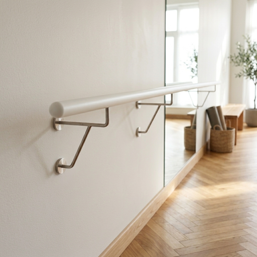 Sbarra da danza in faggio verniciato bianco, supporti a parete in acciaio inox su parete bianca, sala con specchio e parquet