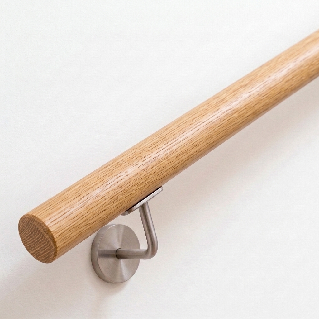 Corrimano rotondo in rovere con venatura visibile, su parete bianca con supporto in acciaio inox, vista obliqua dal basso