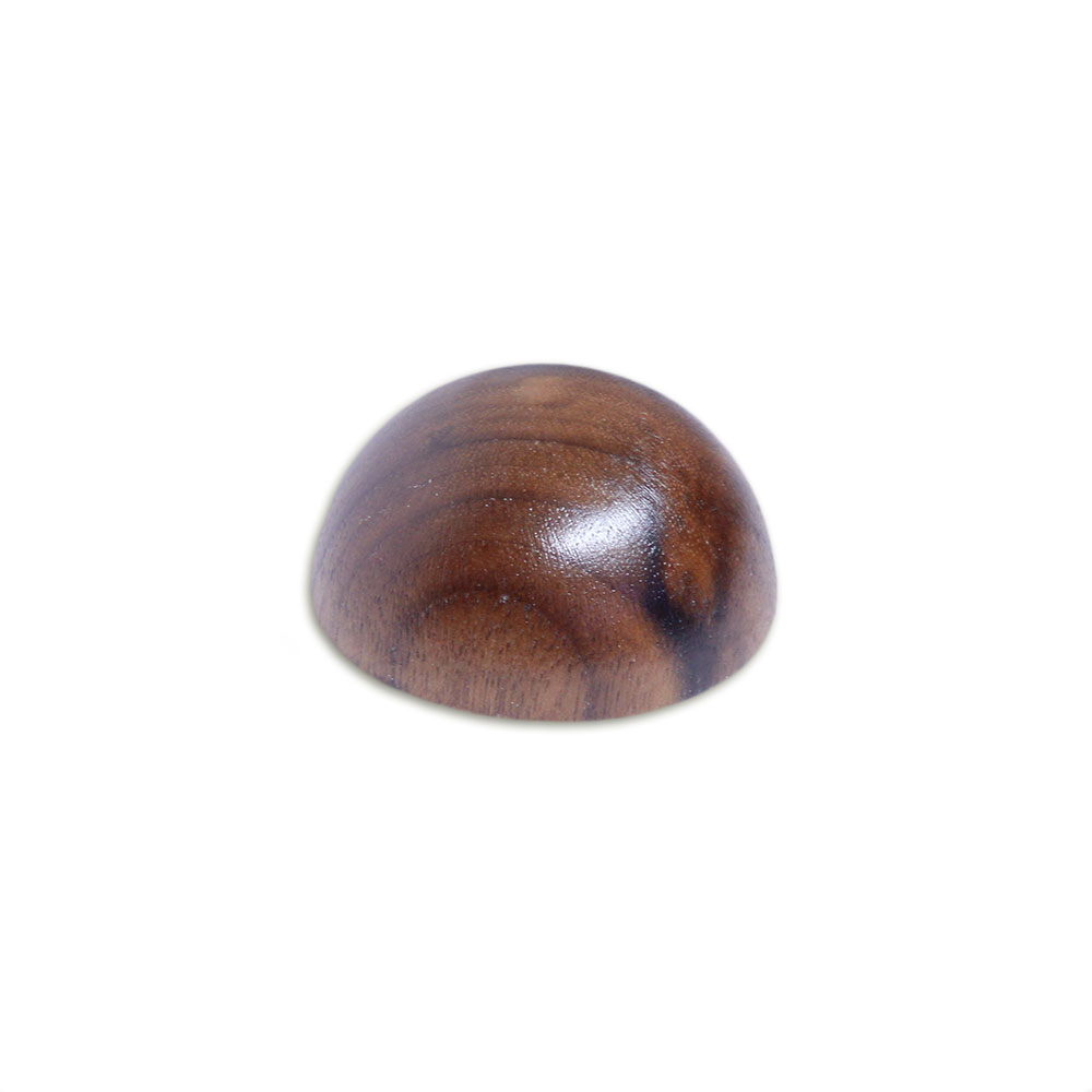 Tappo terminale in noce semisferico per corrimano in legno, semisfera in legno bruno scuro con venatura, su sfondo bianco