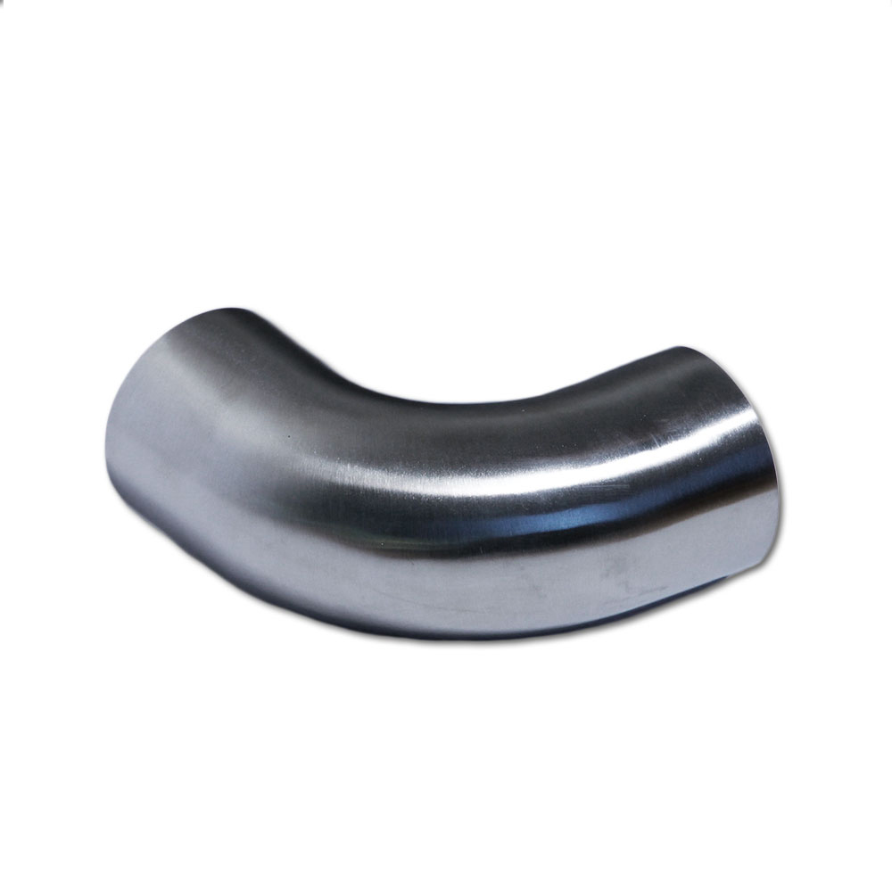 Curva a 90° in acciaio inossidabile per corrimano in legno Ø 42 mm, tubo curvo liscio satinato, su sfondo bianco