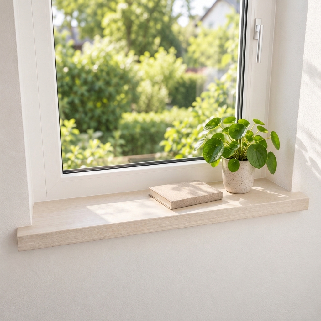 Davanzale per ristrutturazione in faggio tinto di bianco, legno massello, finestra bianca sul giardino, pilea in vaso bianco