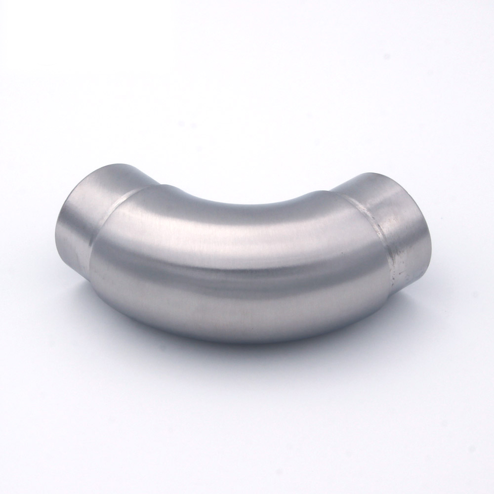 Curva a 90° arrotondata per corrimano in acciaio inossidabile Ø 42,4 mm, vista laterale con i due manicotti a innesto