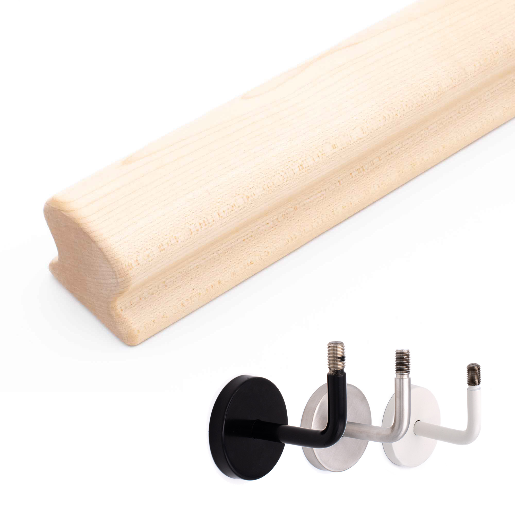Corrimano Omega in acero naturale, profilo su sfondo bianco, supporti per corrimano in nero, acciaio inox e bianco