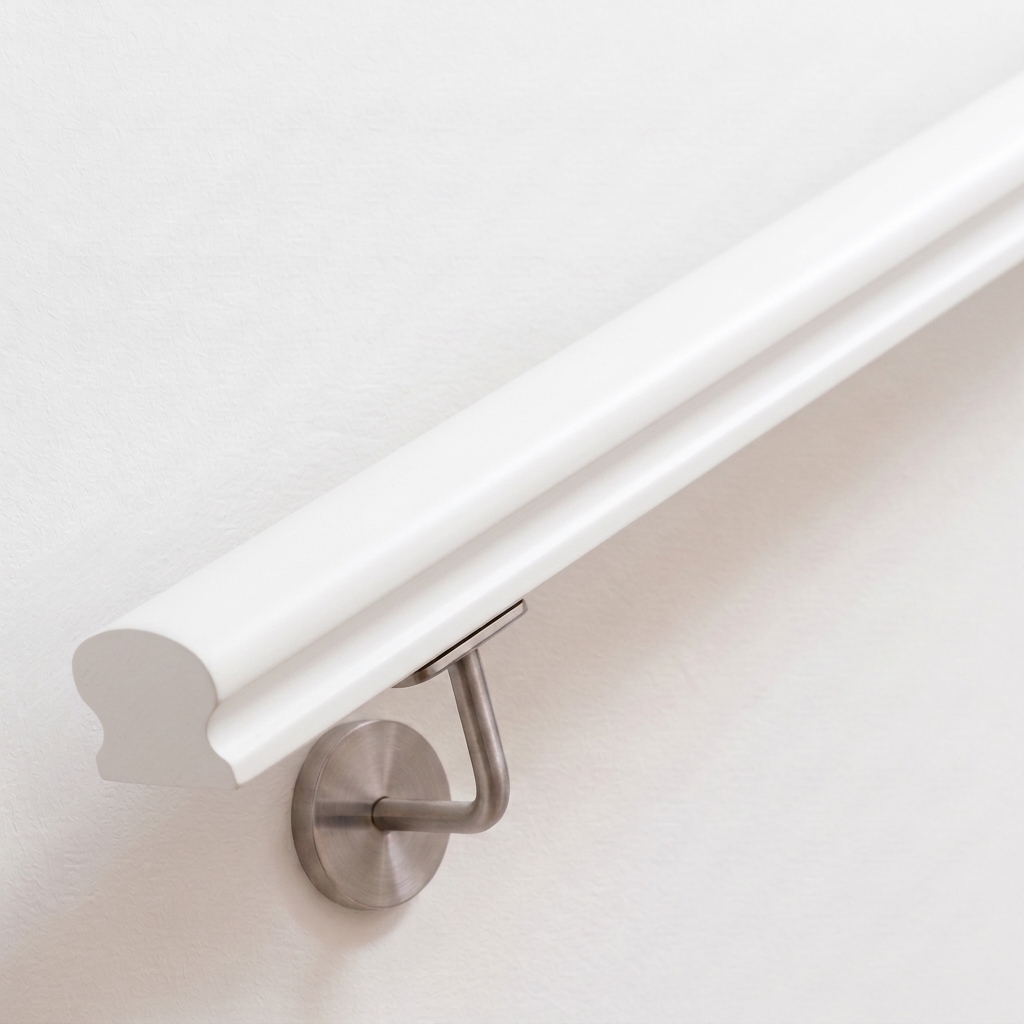 Corrimano Omega in faggio verniciato bianco, sezione profilata, supporto in acciaio inox su parete bianca, estremità dritta