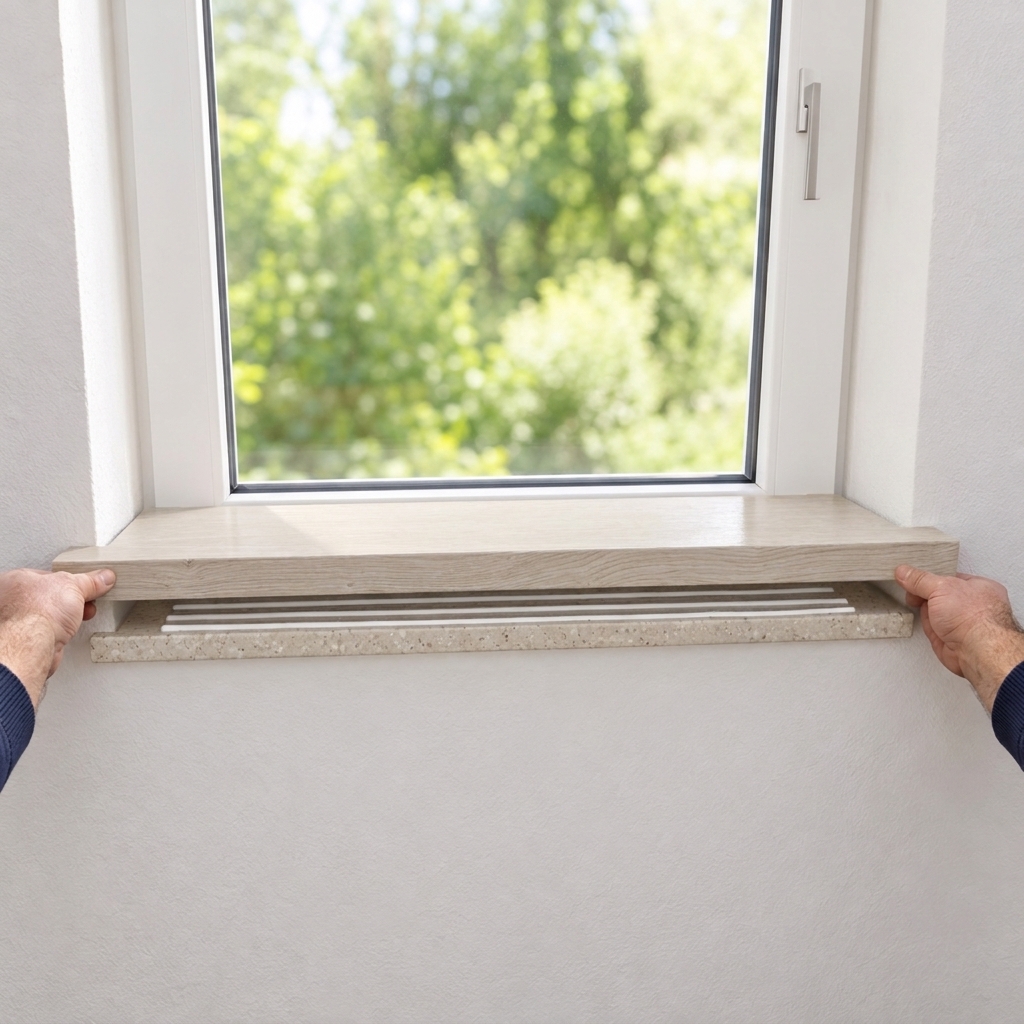 Davanzale per ristrutturazione in rovere tinto bianco posato con due mani sul vecchio davanzale in pietra alla finestra