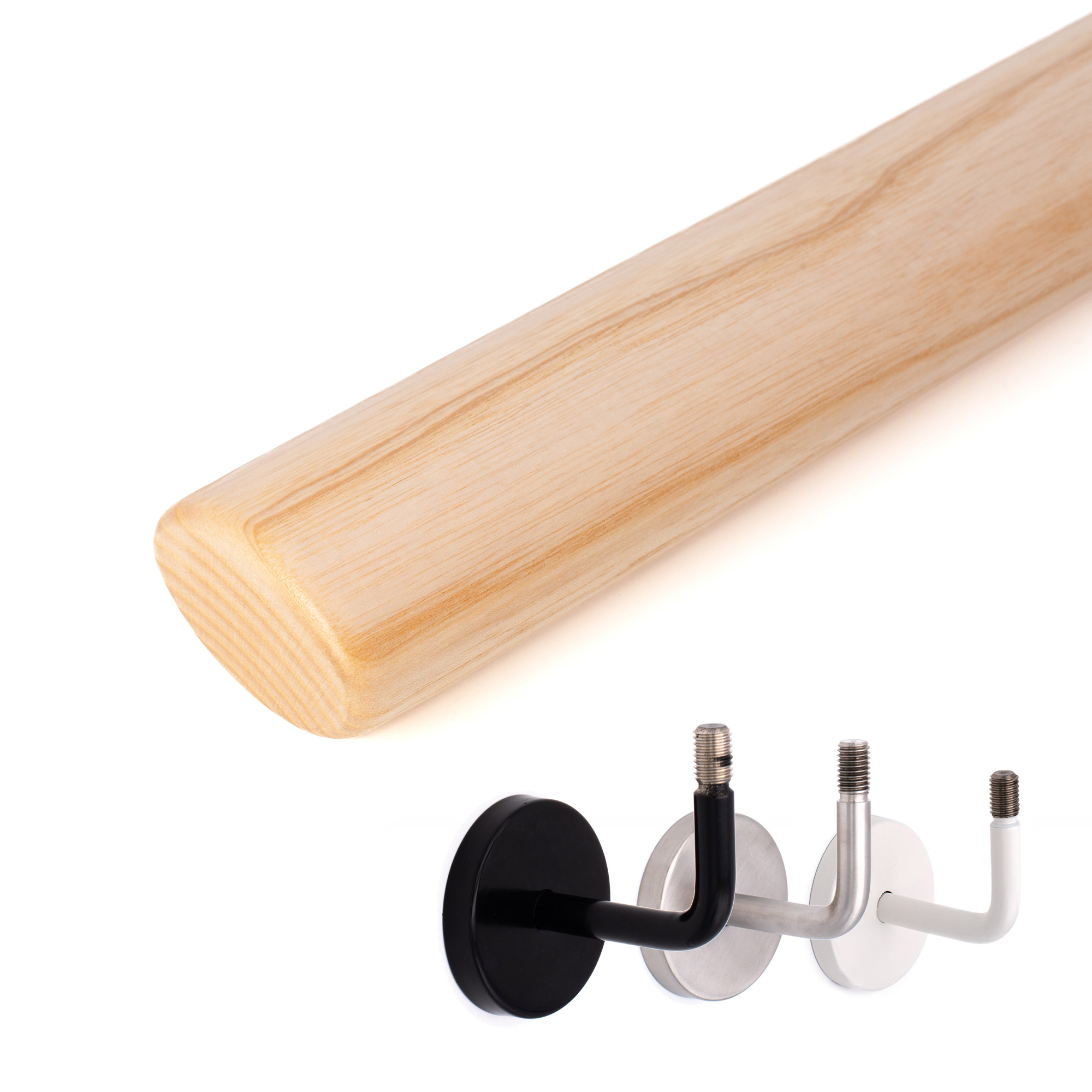 Corrimano ovale in frassino naturale con profilo ovale, accanto supporti per corrimano in nero, acciaio inox e bianco